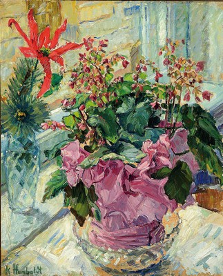 Image 26774204 - Karl Humbaldt, born 1882, still life with potted plants on the windowsill, oil/canvas, signed lower left, approx. 65x54cm, frame approx. 83x71cm