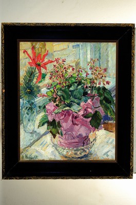 26774204k - Karl Humbaldt, born 1882, still life with potted plants on the windowsill, oil/canvas, signed lower left, approx. 65x54cm, frame approx. 83x71cm