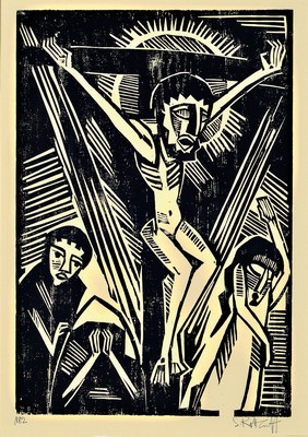Image 26774230 - Karl Schmitt-Rottluff, 1884 Rottluff-1976 Berlin, crucified man, woodcut from 1918, right. and handsigned, left. and marked: 182, approx. 38x26cm, PP, etc., frame approx. 64x50cm