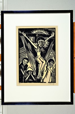 26774230k - Karl Schmitt-Rottluff, 1884 Rottluff-1976 Berlin, crucified man, woodcut from 1918, right. and handsigned, left. and marked: 182, approx. 38x26cm, PP, etc., frame approx. 64x50cm