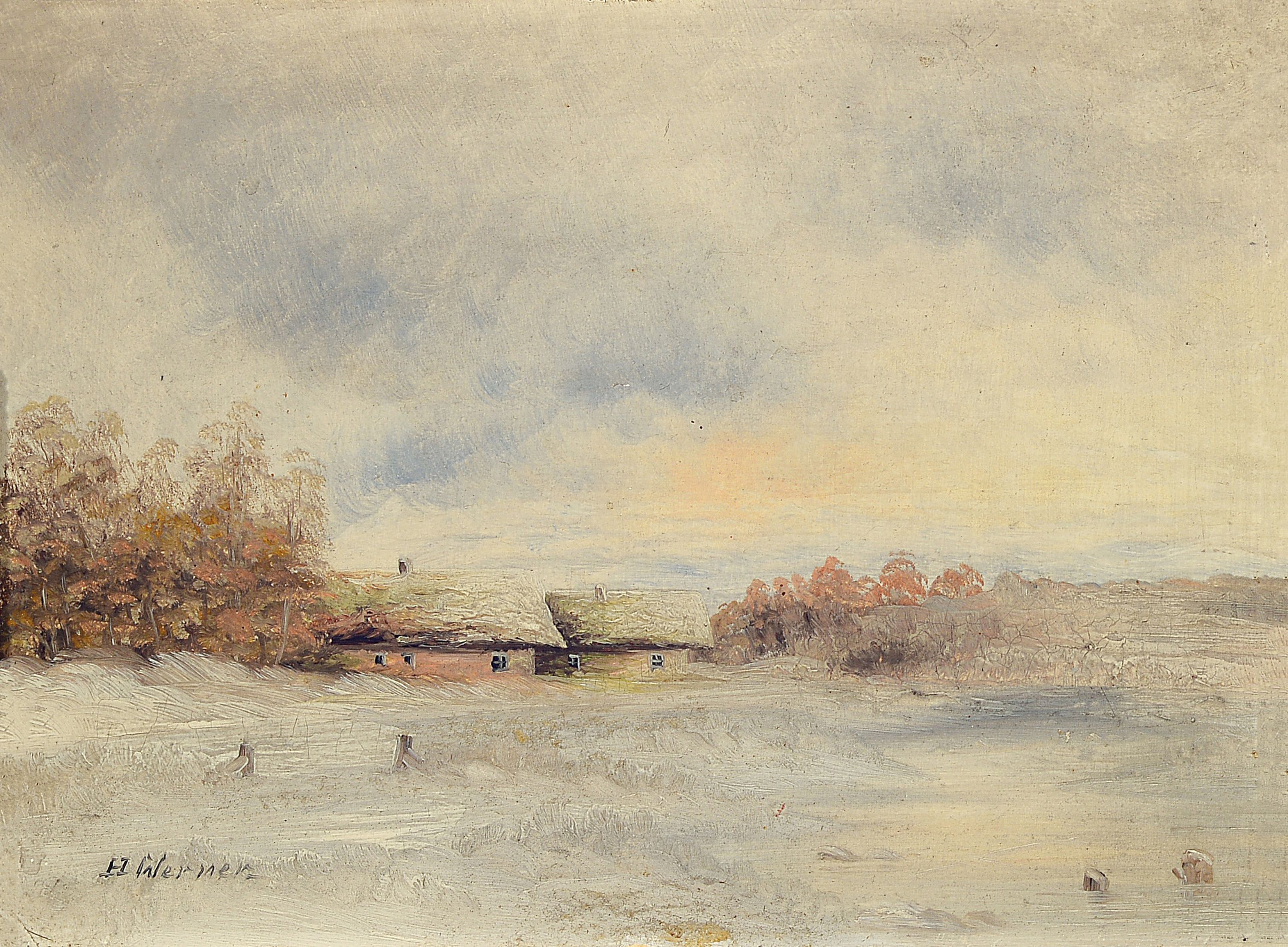 Hermann Werner, 1816 Samswegen-1905 Düsseldorf, Verschneite Winterlandschaft mit Bauerngehöft, Öl/Malkarton, links unten sign., ca. 23x30cm, R. ...