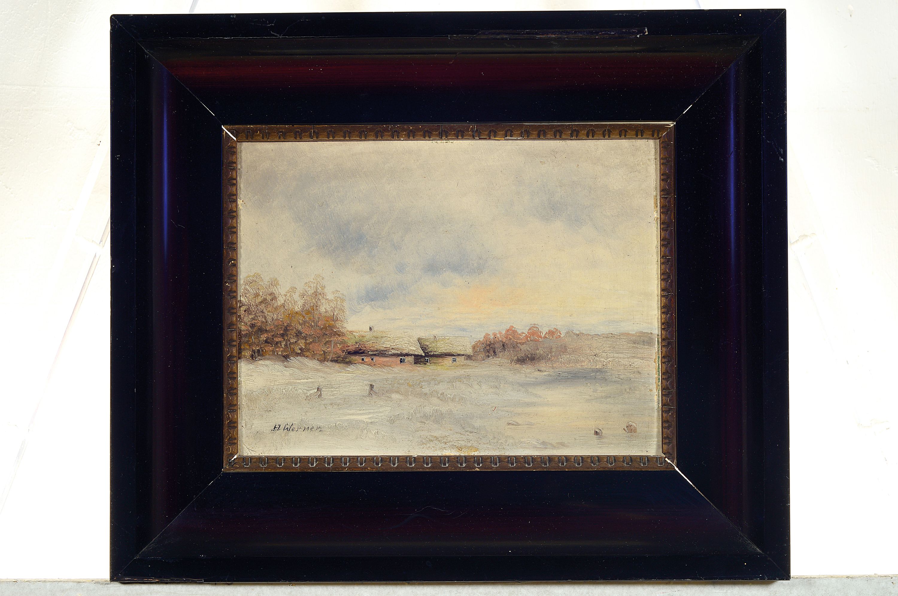 Detail k: Hermann Werner, 1816 Samswegen-1905 Düsseldorf, Verschneite Winterlandschaft mit Bauerngehöft, Öl/Malkarton, links unten sign., ca. 23x30cm, R. ...