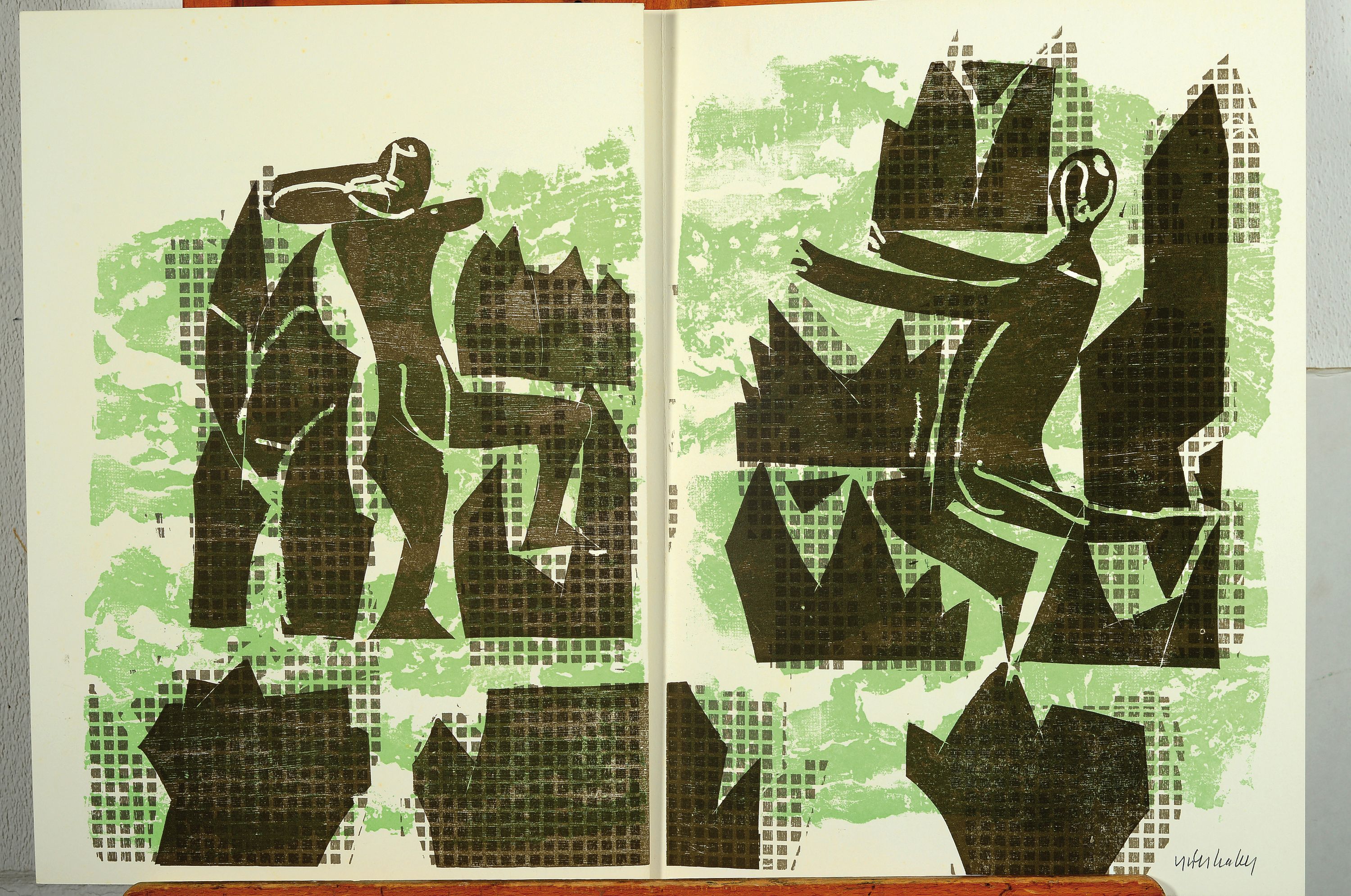 Detail k: HAP Grieshaber, Mappenwerk der Engel der Geschichte, Sonderdruck, XIX und XX Umschlag Litho von Rolf Szymanski, 10 Holzschnitte von Grieshaber, mit ...