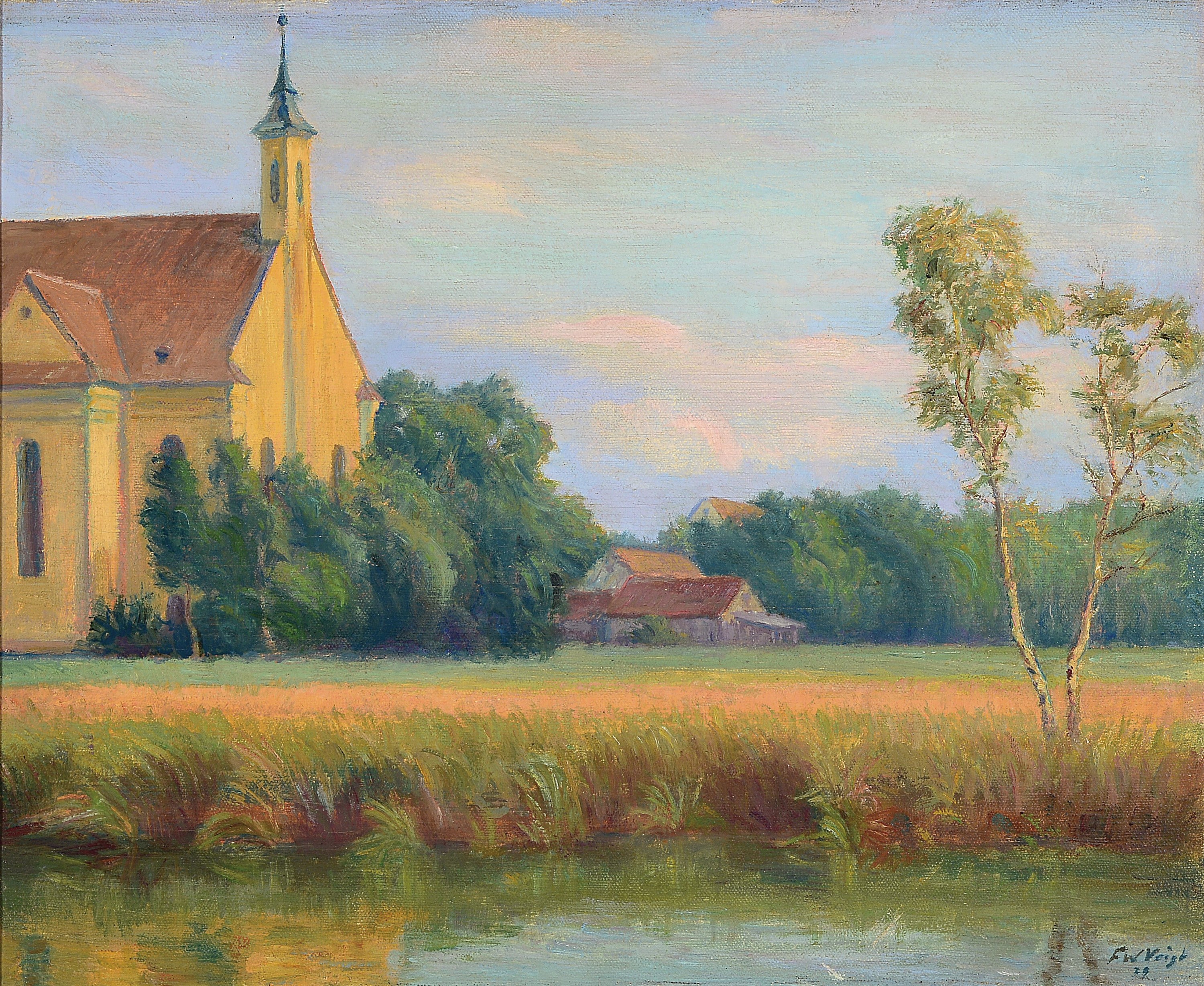 Franz Wilhelm Voigt, 1867 Hof - 1949 München, süddeutsche Landschaft, Öl/Lwd, re. unten signiert u. unleserlich dat. 19 bez. bei Grafrath, ca. 47 ...