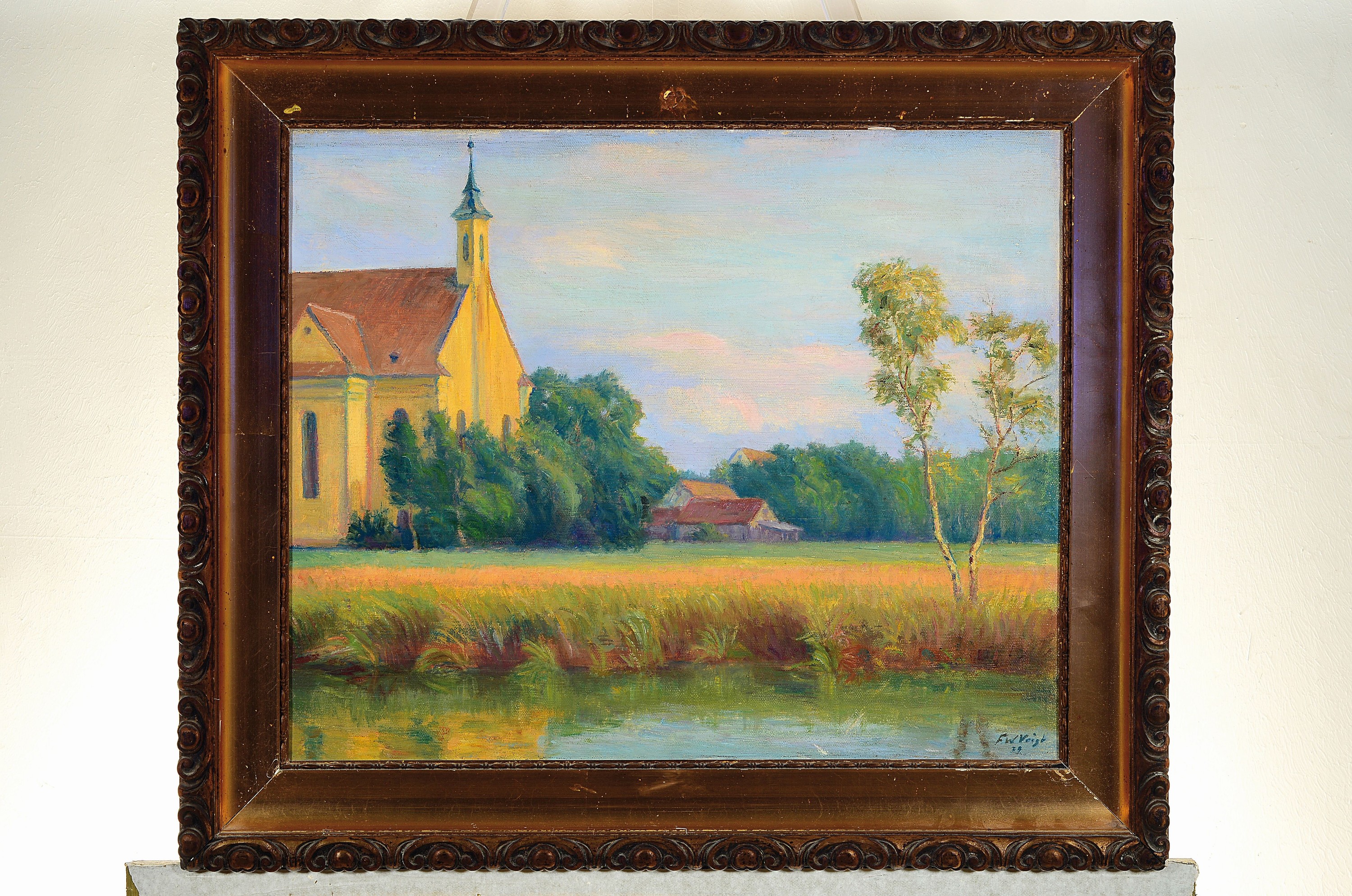 Detail k: Franz Wilhelm Voigt, 1867 Hof - 1949 München, süddeutsche Landschaft, Öl/Lwd, re. unten signiert u. unleserlich dat. 19 bez. bei Grafrath, ca. 47 ...