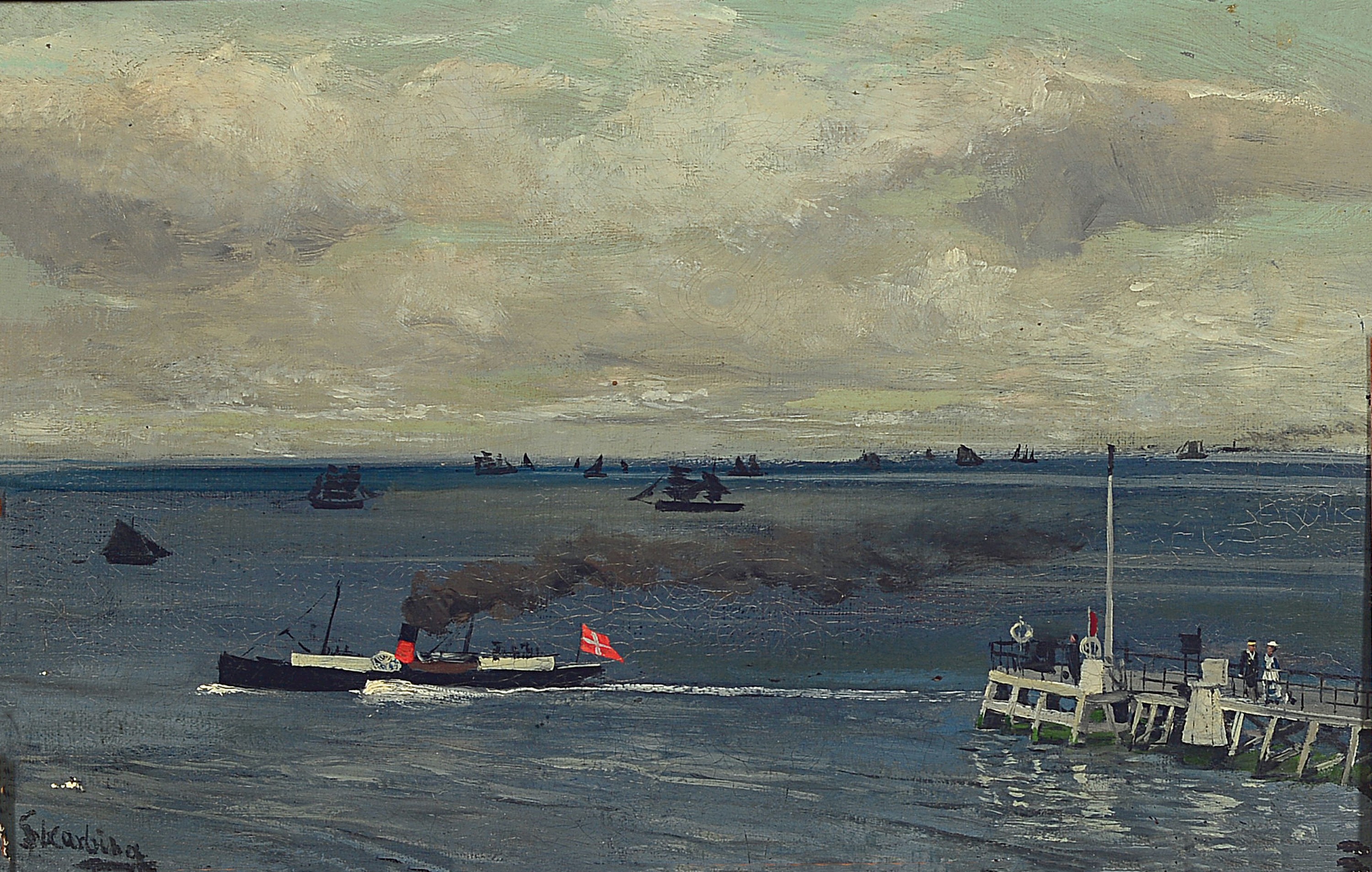 Franz Skarbina, 1849-1910 Berlin, Raddampfer und Segelschiffe, vor der norwegischen Küste, Öl/Karton, li. signiert, ältere Restaurierung, l. ...