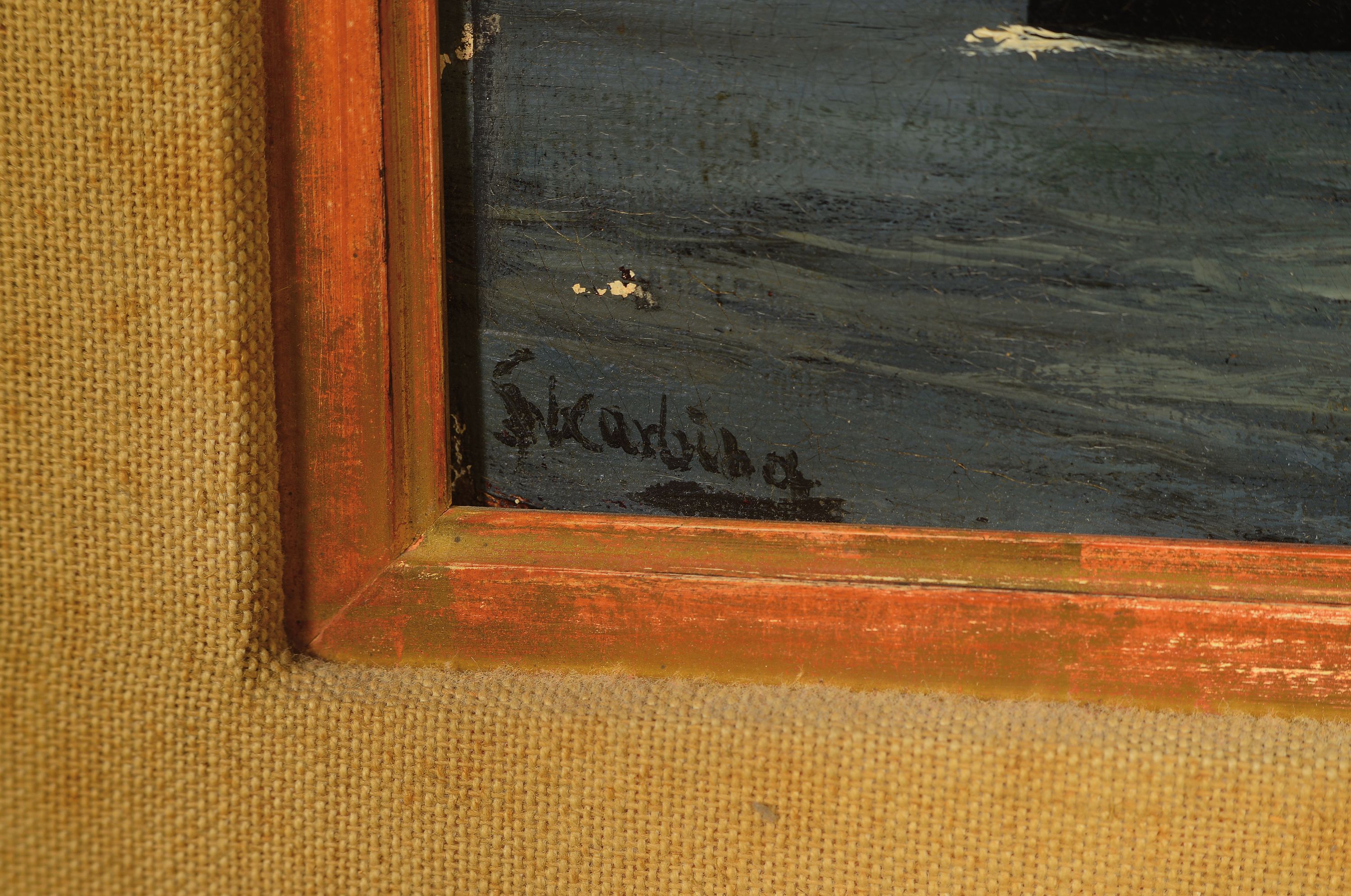 Detail a: Franz Skarbina, 1849-1910 Berlin, Raddampfer und Segelschiffe, vor der norwegischen Küste, Öl/Karton, li. signiert, ältere Restaurierung, l. ...