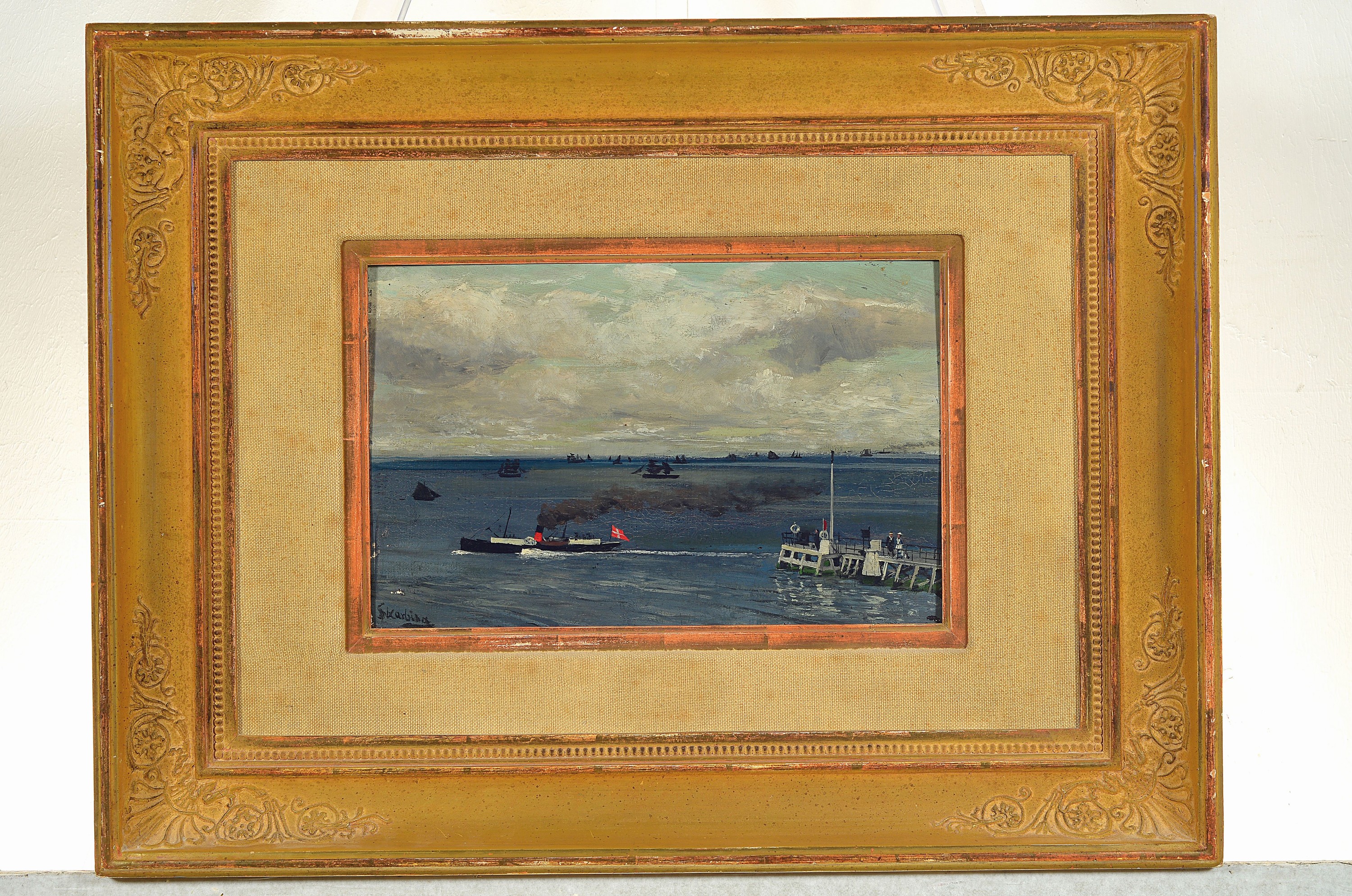 Detail k: Franz Skarbina, 1849-1910 Berlin, Raddampfer und Segelschiffe, vor der norwegischen Küste, Öl/Karton, li. signiert, ältere Restaurierung, l. ...