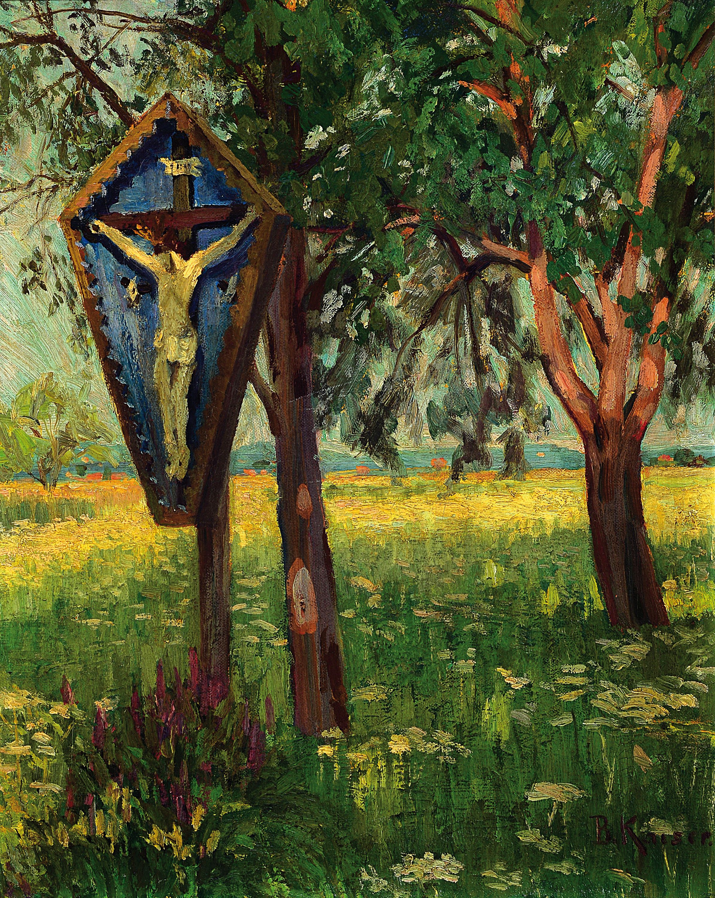 B. Kaiser, ungedeuteter Künstler, um 1900, Sommerlandschaft mit Marterl, Öl/Lwd, li. u. signiert, ca. 50 x 41 cm, Rahmen besch.