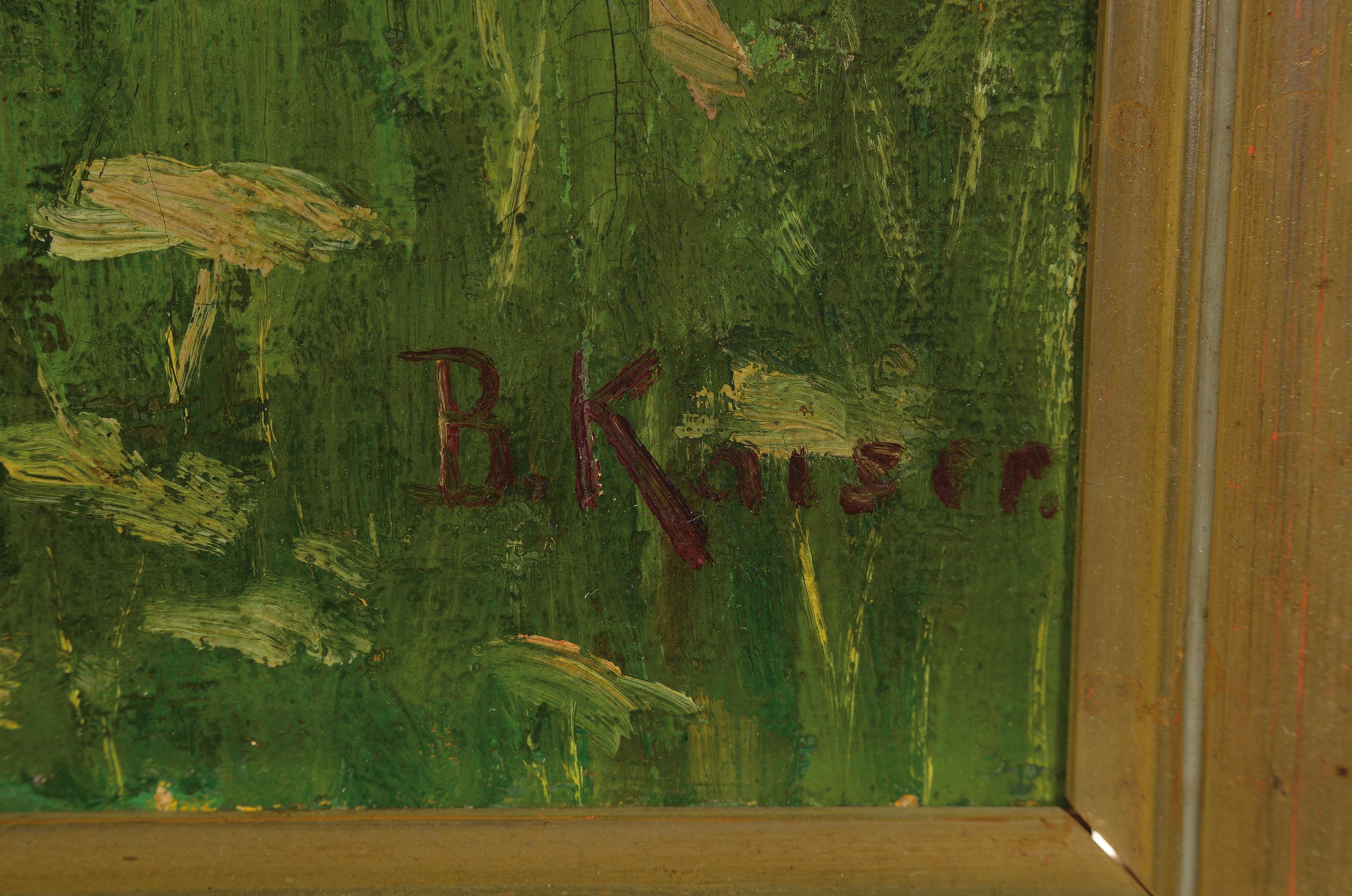 Detail a: B. Kaiser, ungedeuteter Künstler, um 1900, Sommerlandschaft mit Marterl, Öl/Lwd, li. u. signiert, ca. 50 x 41 cm, Rahmen besch.