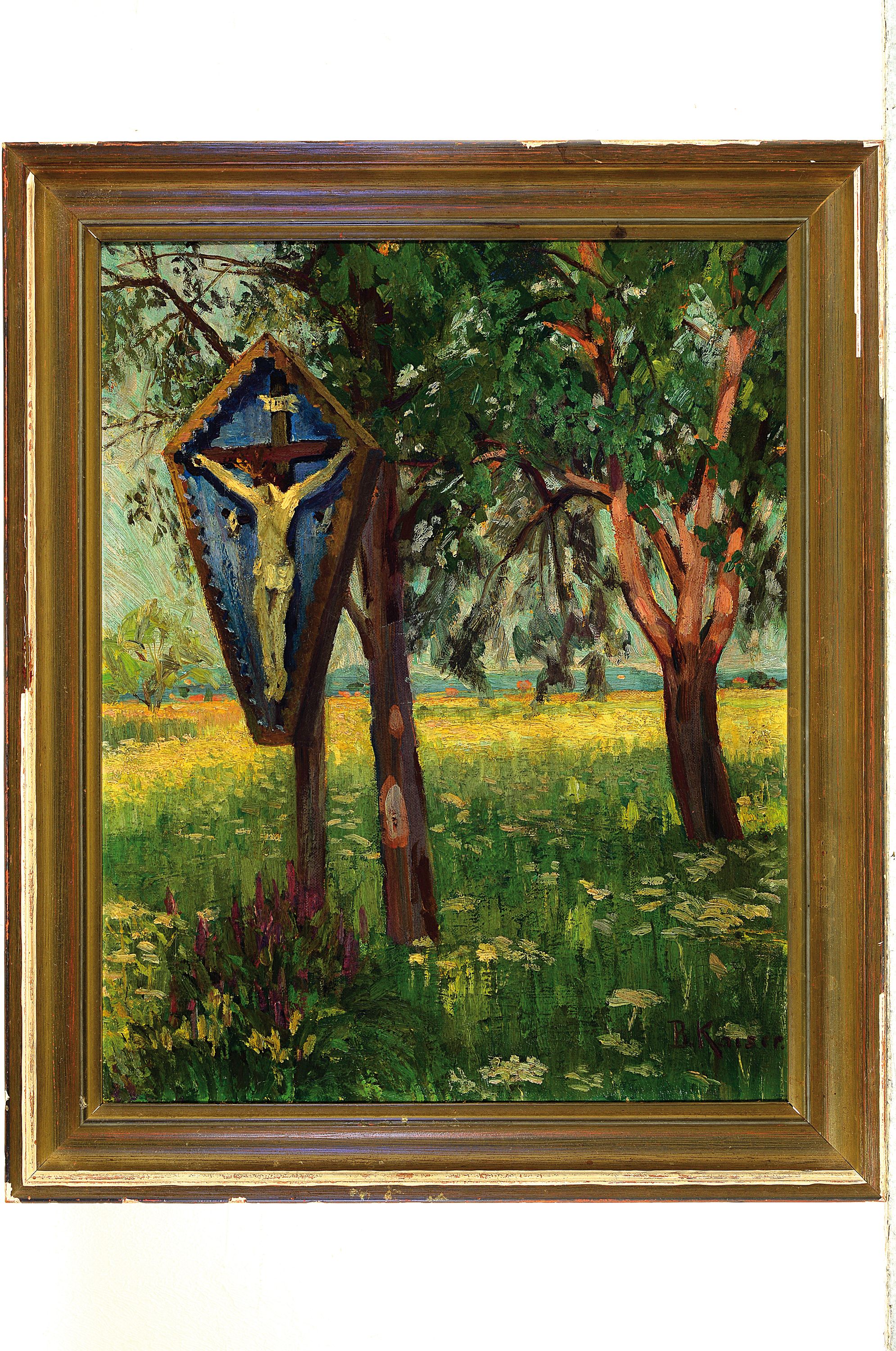 Detail k: B. Kaiser, ungedeuteter Künstler, um 1900, Sommerlandschaft mit Marterl, Öl/Lwd, li. u. signiert, ca. 50 x 41 cm, Rahmen besch.