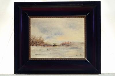 26774318k - Hermann Werner, 1816 Samswegen-1905 Düsseldorf, Snowy winter landscape with farm, oil/painting cardboard, lower left sign., approx. 23x30cm, frame approx. 39x46cm