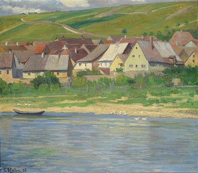 Image 26774344 - Clementine Hahn, born 1866 Dresden, painter who worked in Dresden, here, view am Main, on the back titled: Frickenhausen on the Main, dat. 06, approx. 53 x 60 cm, frame with paint peeling: approx., 60 x 67 cm