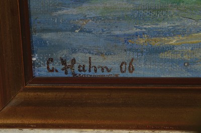 26774344a - Clementine Hahn, geb. 1866 Dresden, in Dresden tätige Malerin, hier, Ansicht am Main, rückseitig betitelt: Frickenhausen am Main, dat. 06, ca.53 x 60 cm, Rahmen mit Farbabblätterungen: ca., 60 x 67 cm