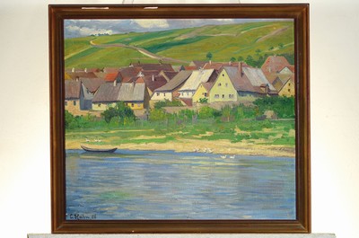 26774344k - Clementine Hahn, born 1866 Dresden, painter who worked in Dresden, here, view am Main, on the back titled: Frickenhausen on the Main, dat. 06, approx. 53 x 60 cm, frame with paint peeling: approx., 60 x 67 cm