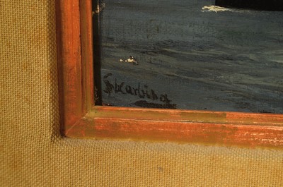 26774345a - Franz Skarbina, 1849-1910 Berlin, paddle steamers and sailing ships, off the Norwegian coast, oil/cardboard, left. signed, older restoration, minor age-related damages, approx. 25 x 35 cm, frame heavily damaged