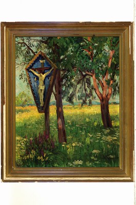 26774346k - B. Kaiser, unidentified artist, around 1900, summer landscape with Marterl, oil/canvas, signed lower left, approx. 50 x 41 cm, frame damaged
