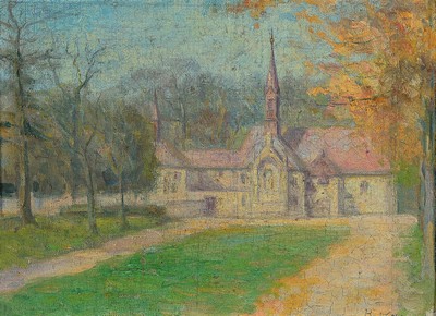Image 26774351 - German Impressionist, around 1900, inscribed H. Olde, summer view of a probably northern German monastery with landscape garden, brightcolor with emphasis on the atmospheric appearance, oil/canvas loosely glued on wood, trimmed, right below inscribed H. Olde in lower case letters, age-related damages, approx. 24x32cm