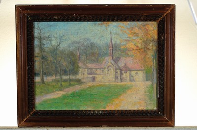 26774351k - German Impressionist, around 1900, inscribed H. Olde, summer view of a probably northern German monastery with landscape garden, brightcolor with emphasis on the atmospheric appearance, oil/canvas loosely glued on wood, trimmed, right below inscribed H. Olde in lower case letters, age-related damages, approx. 24x32cm