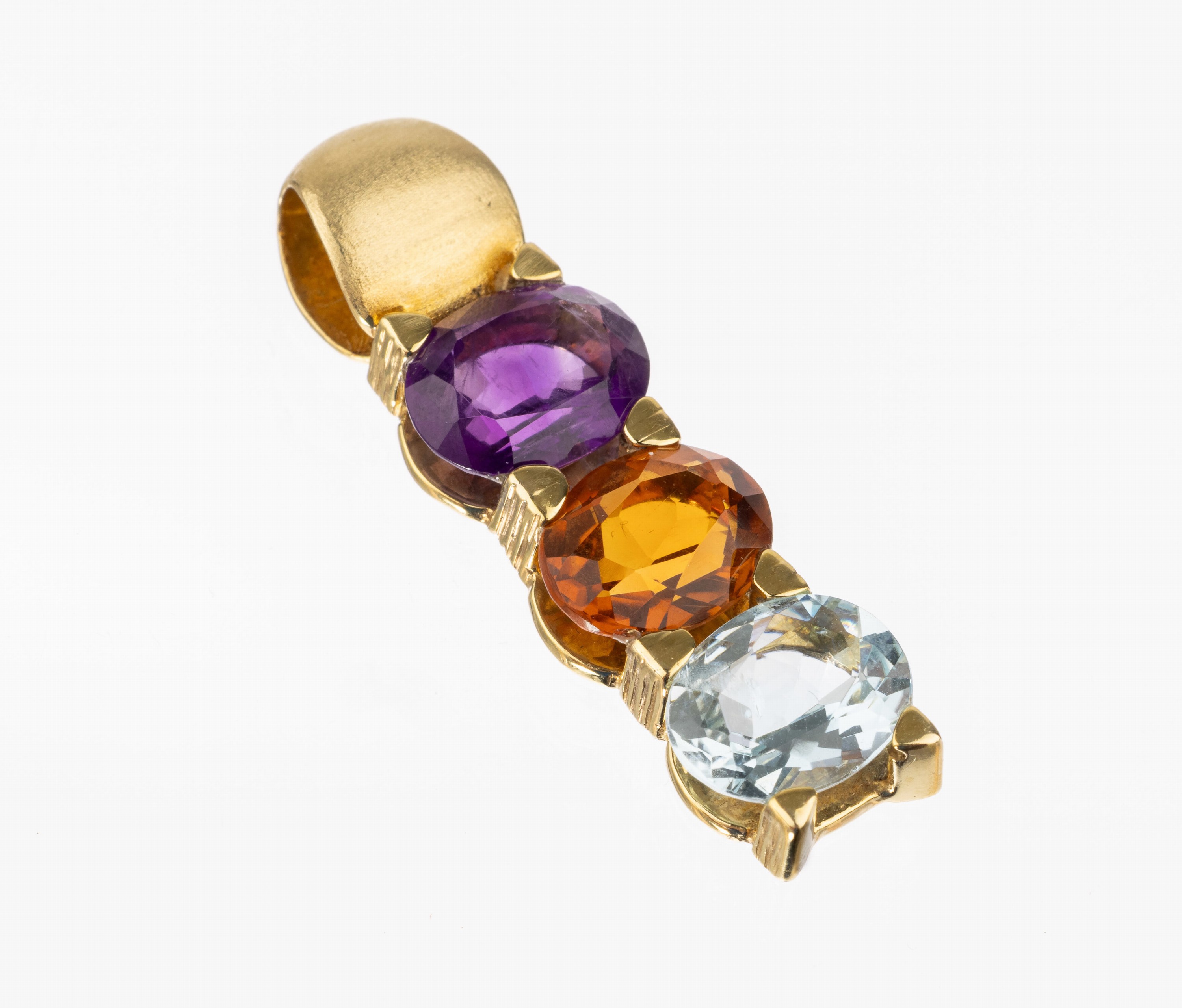 14 kt Gold Farbstein-Anhänger, GG 585/000, ovalfacett. Amethyst, Citrin und Blautopas (beh.), ca. 7.2 g, L. ca. 3.5 cm