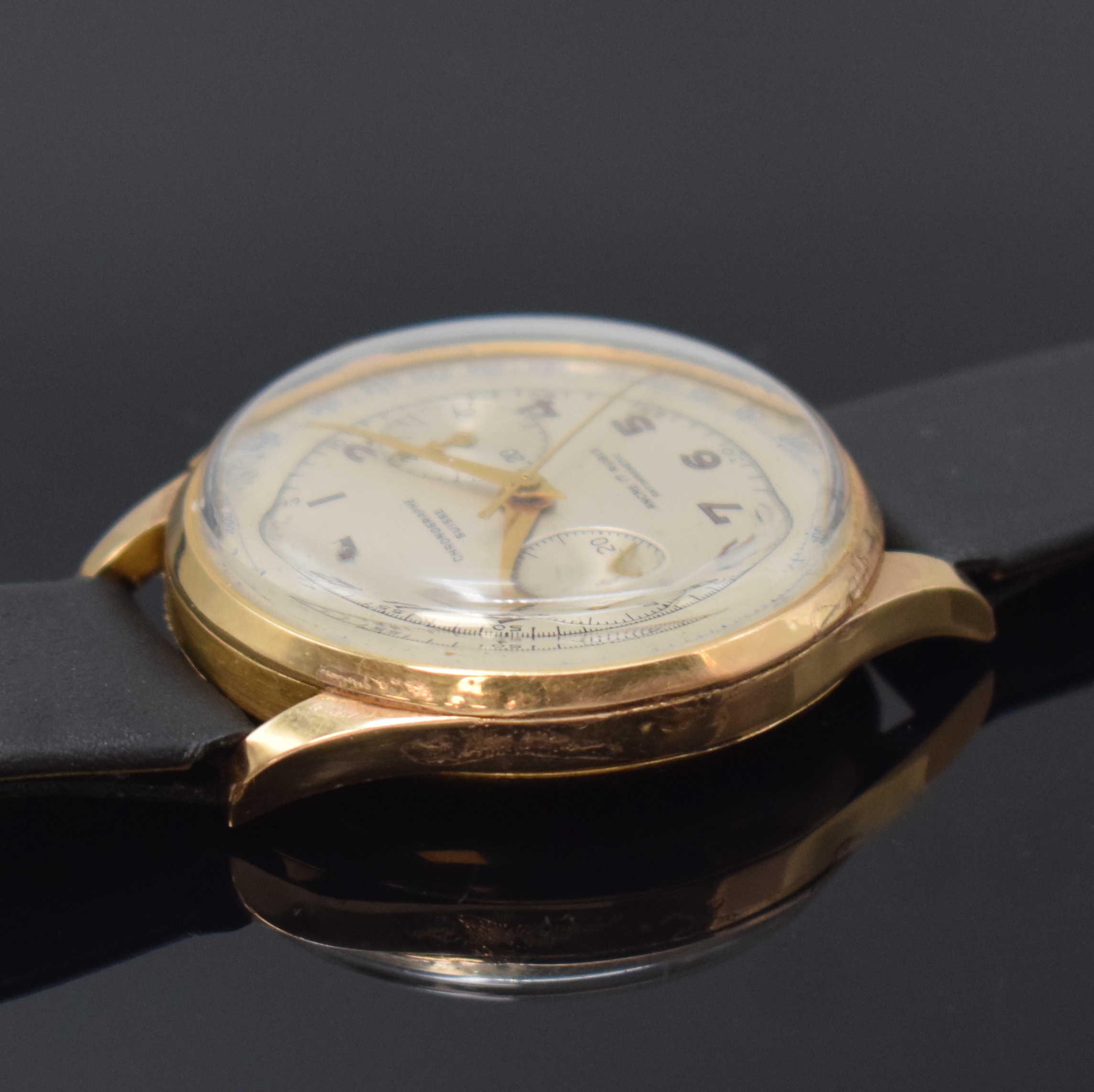 Detail c: CHRONOGRAPHE SUISSE Armbandchronograph in RoseG 750/000, Schweiz um 1950, Handaufzug, Geh. dell., Boden gedr., Metall Innendeckel, silb. Zifferbl., ...