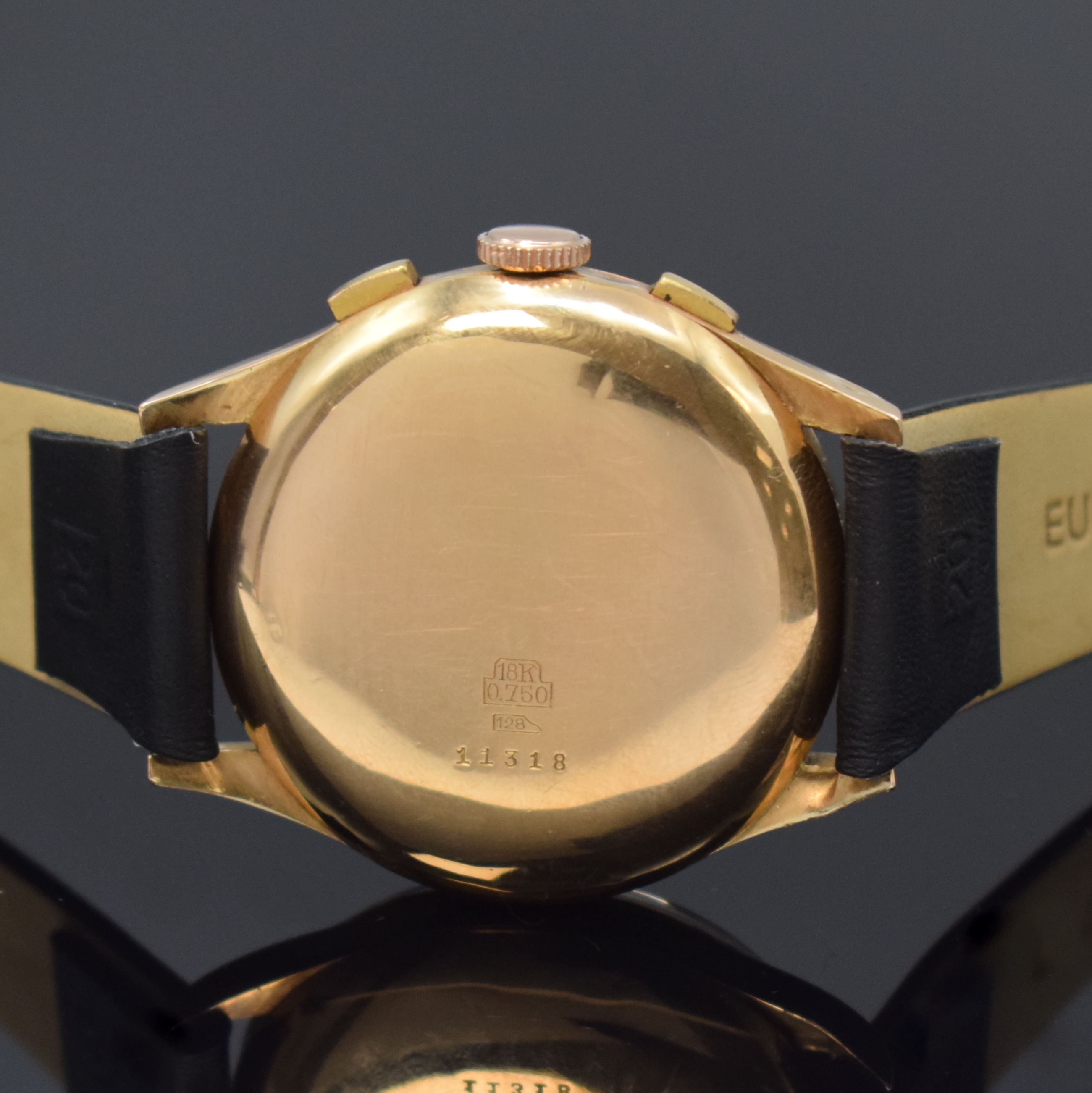 Detail d: CHRONOGRAPHE SUISSE Armbandchronograph in RoseG 750/000, Schweiz um 1950, Handaufzug, Geh. dell., Boden gedr., Metall Innendeckel, silb. Zifferbl., ...