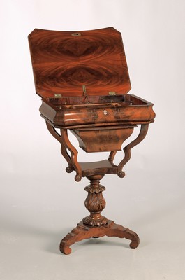 Image Sewing table, 19th century, walnut veneer, hinged surface, pull-out compartment, sewing ...