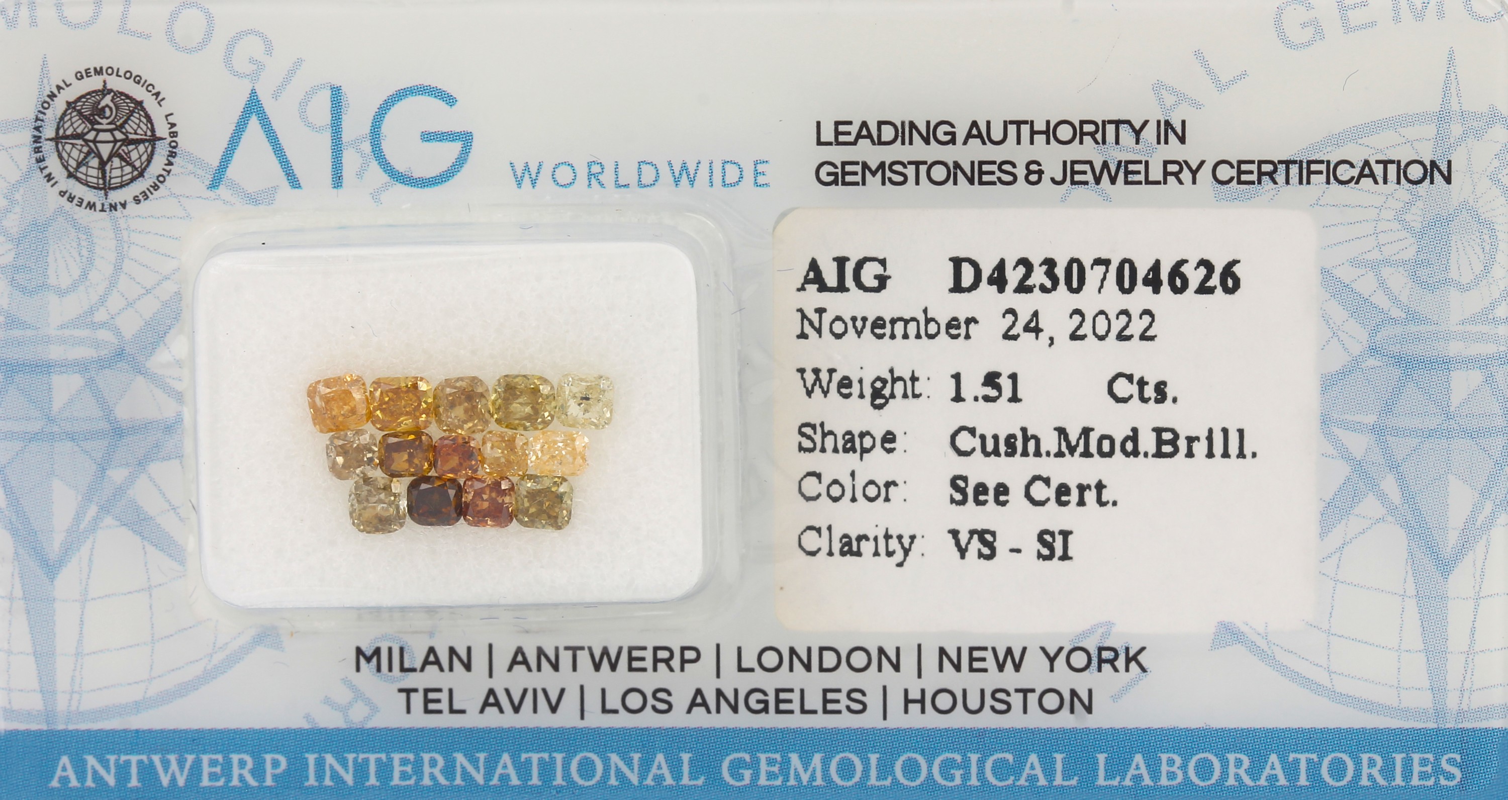 Lot lose Diamanten, 1.51 ct Natural Fancy Mix Yellow-Brown-Orange/vs-si, 3.06 - 2.08 mm, mit AIG-Expertise