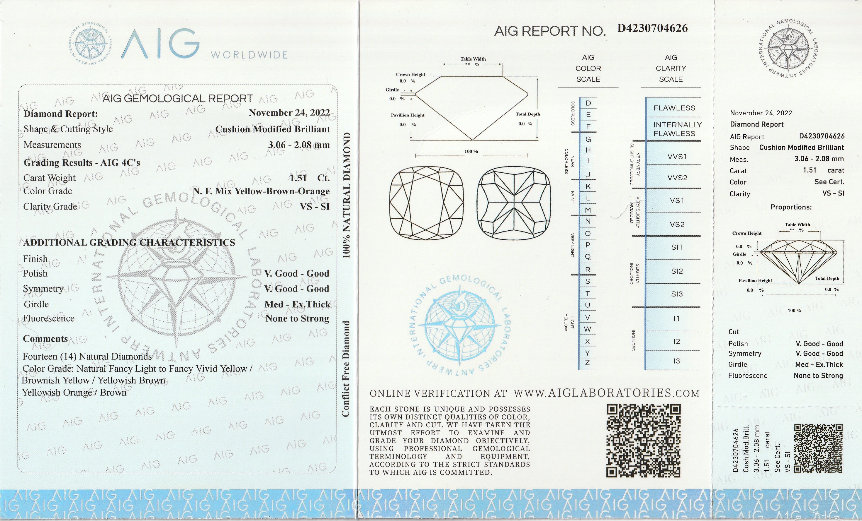 Detail a: Lot lose Diamanten, 1.51 ct Natural Fancy Mix Yellow-Brown-Orange/vs-si, 3.06 - 2.08 mm, mit AIG-Expertise