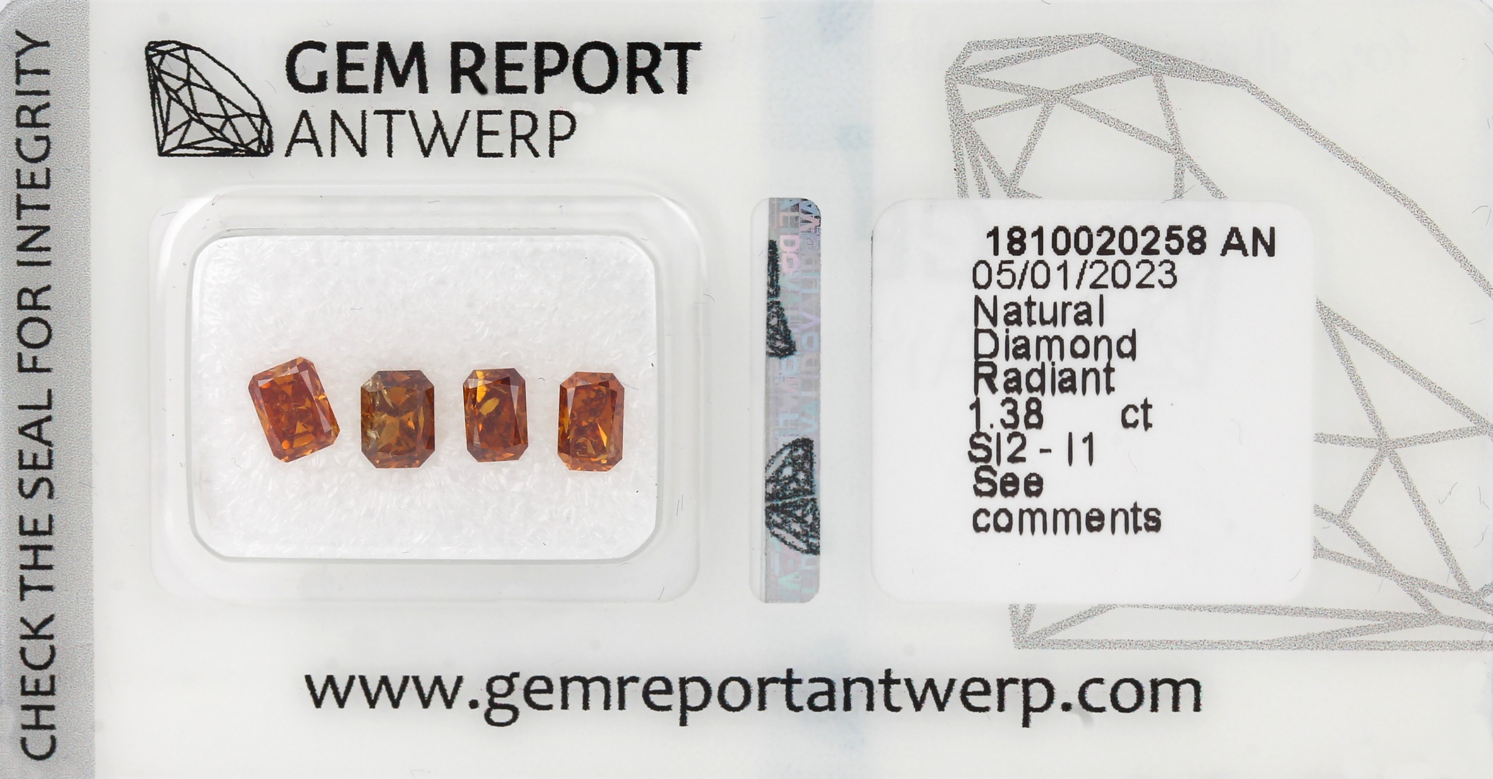 Lot lose Diamanten, Radianten, 1.38 ct, Nat. Fancy Intense to Deep Yellowish Orange toOrange/si1-p1, mit Gem Report/Antwerp
