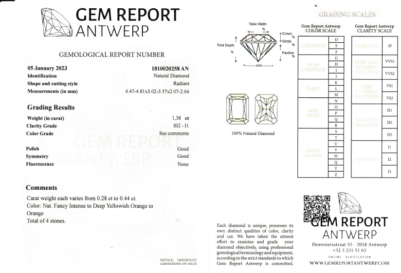 Detail a: Lot lose Diamanten, Radianten, 1.38 ct, Nat. Fancy Intense to Deep Yellowish Orange toOrange/si1-p1, mit Gem Report/Antwerp