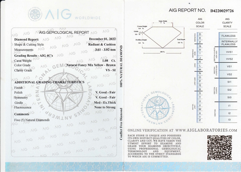 Detail a: Lot 5 lose Diamanten zus. 1.08 ct, Radiant und Kissenschliff, Natural fancy Yellow- Brown/vs-si, AIG Zertifikat 12/22