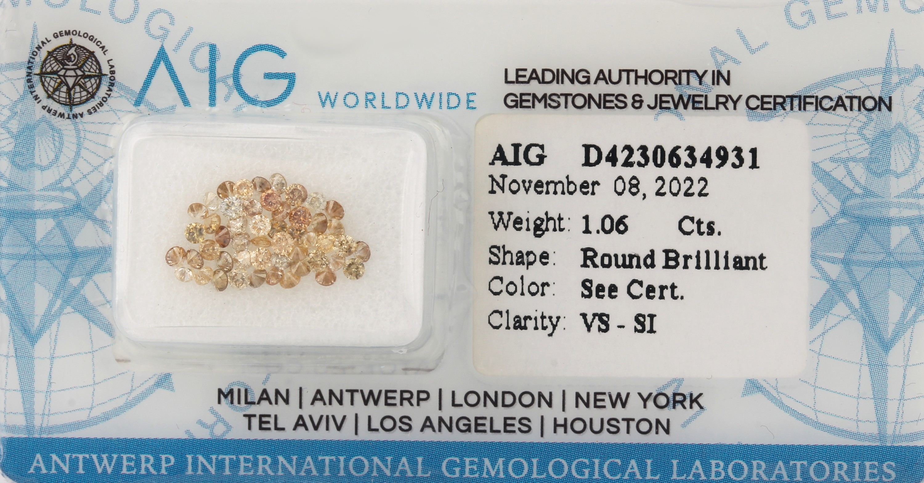 Lot lose Brillanten 1.06 ct, light Natural fancy mix Yellow-Braun/vs-si, mit AIG Expertise