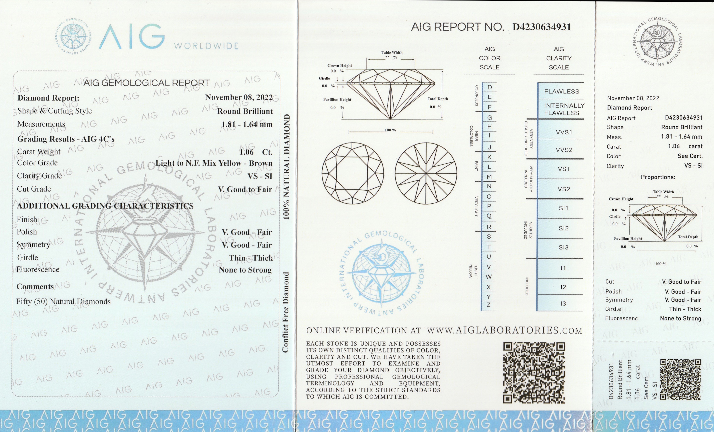 Detail a: Lot lose Brillanten 1.06 ct, light Natural fancy mix Yellow-Braun/vs-si, mit AIG Expertise