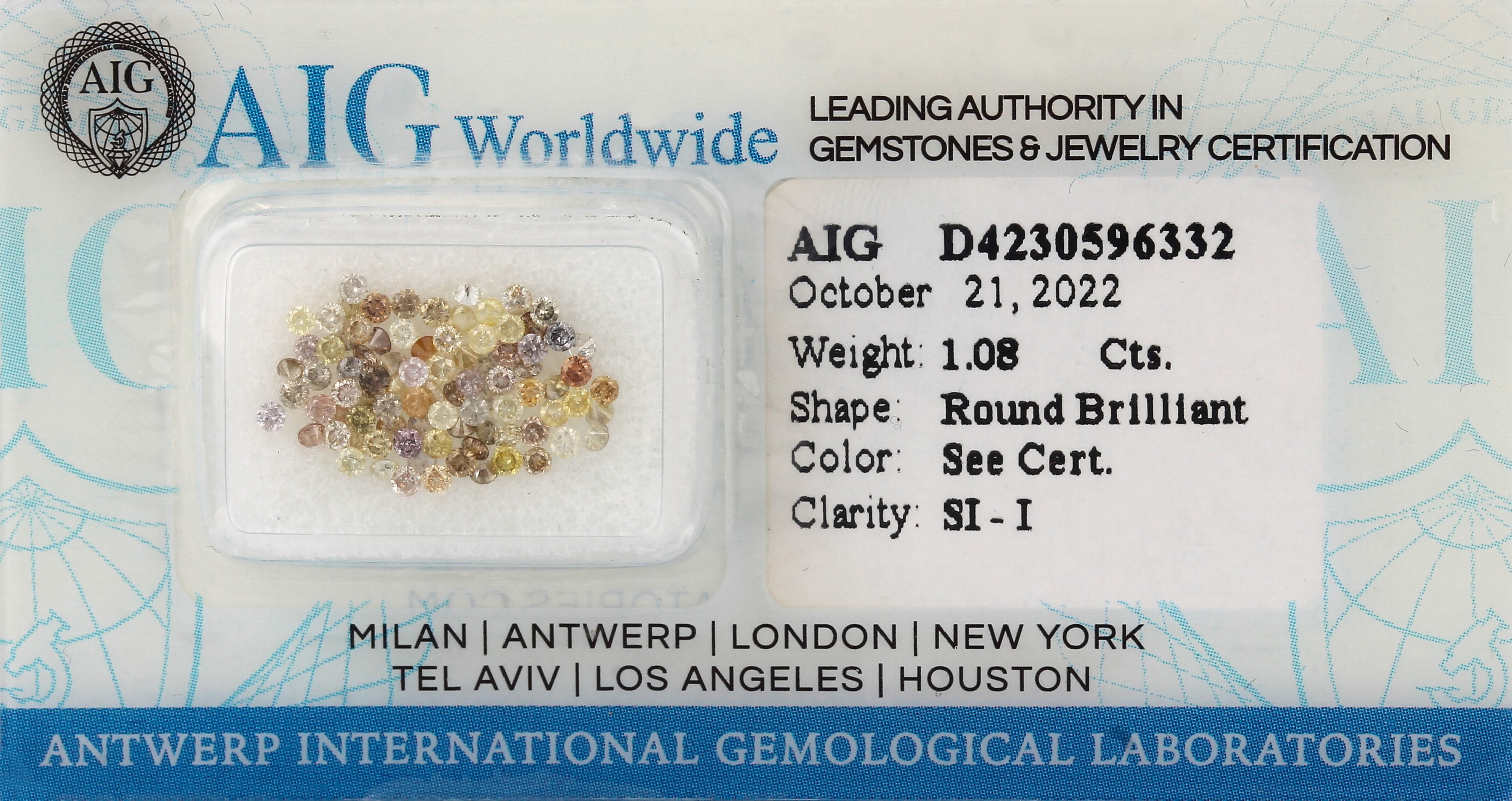 Lot lose Brillanten 1.08 ct, Light to Natural Fancy Mix Yellow-Brown/si-p, mit AIG Expertise
