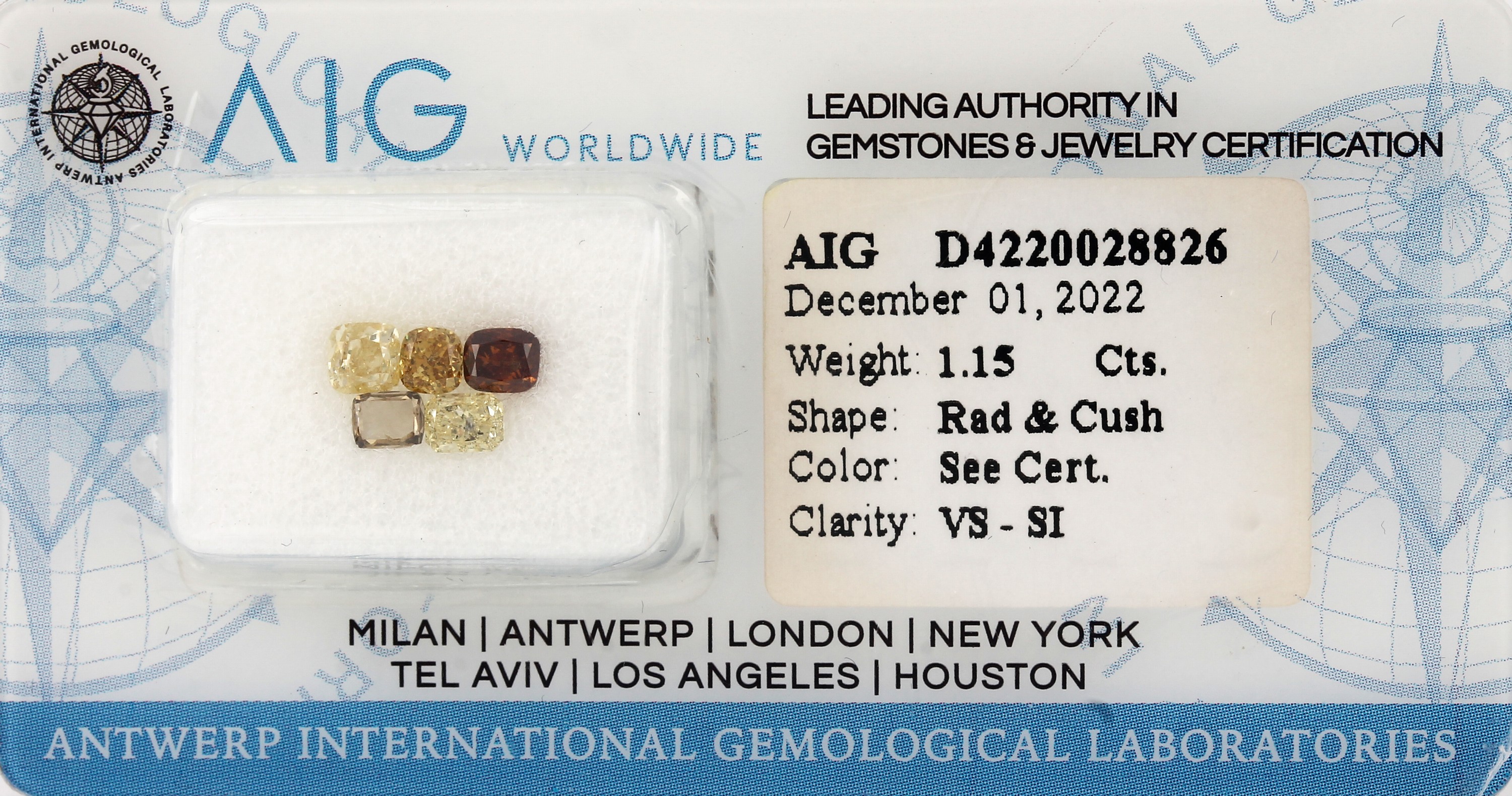Lot lose Diamanten 1.15 ct, Radiant und Cushion, Natural Fancy Mix Yellow-Brown/vs-si,mit AIG Expertise