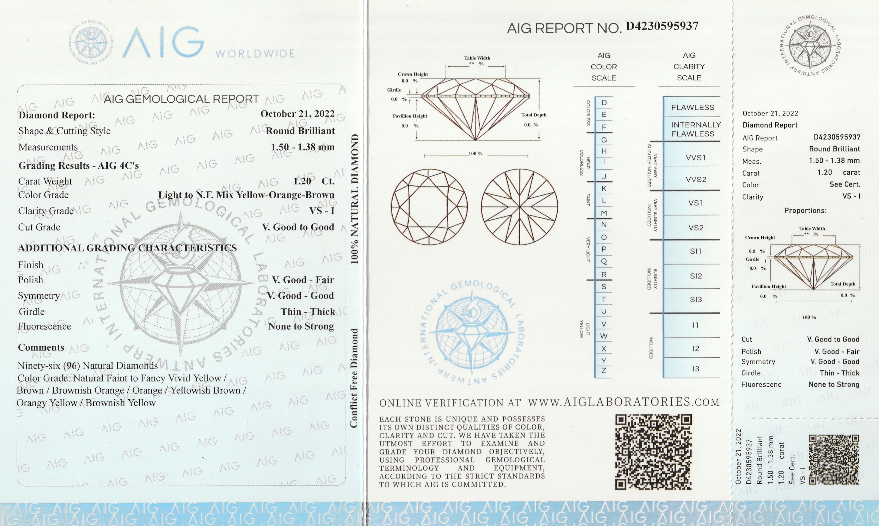 Detail a: Lot lose Brillanten 1.20 ct, Light to Natural Fancy Mix Yellow-Orange-Brown/vs-si, mit AIG Expertise