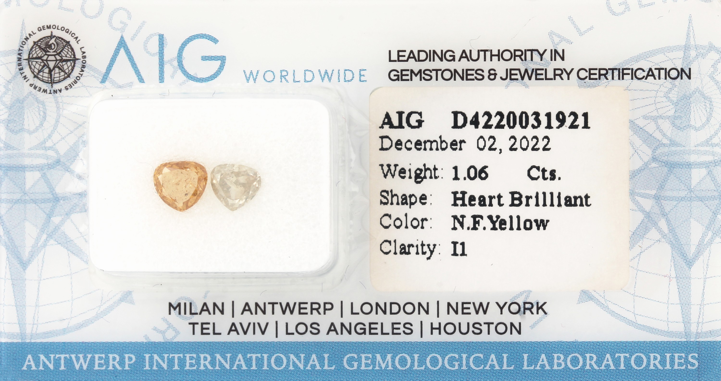 Lot 2 lose Diamanten, 1.06 ct Herzschliff, Yellow/p1, AIG Zertifikat 12/22