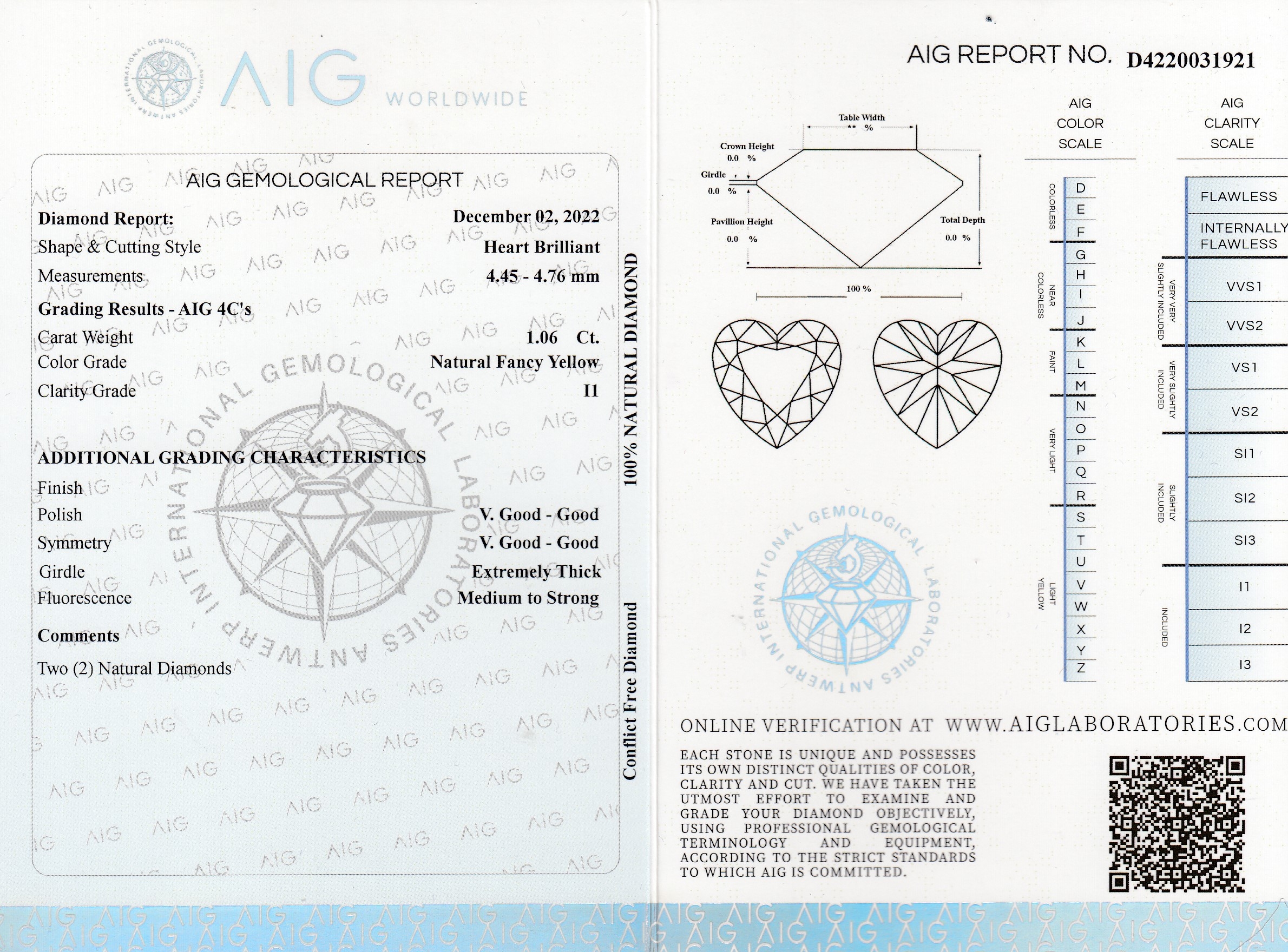 Detail a: Lot 2 lose Diamanten, 1.06 ct Herzschliff, Yellow/p1, AIG Zertifikat 12/22