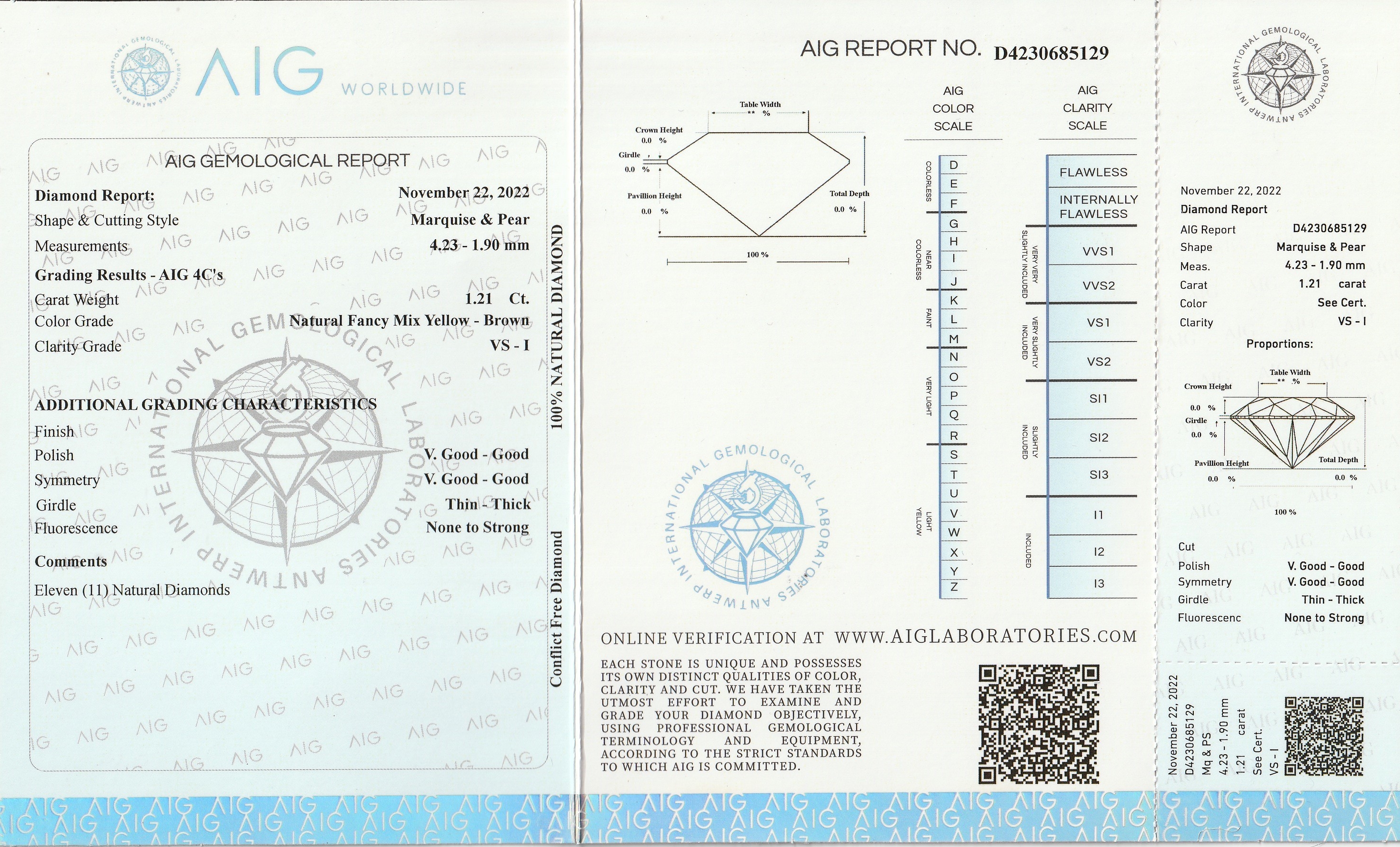 Detail a: Lot lose Diamanten 1.21 ct, tropfenförmig facett., 1 x Navette, Natural Fancy Mix Yellow-Brown/vs-si, mit AIG Expertise