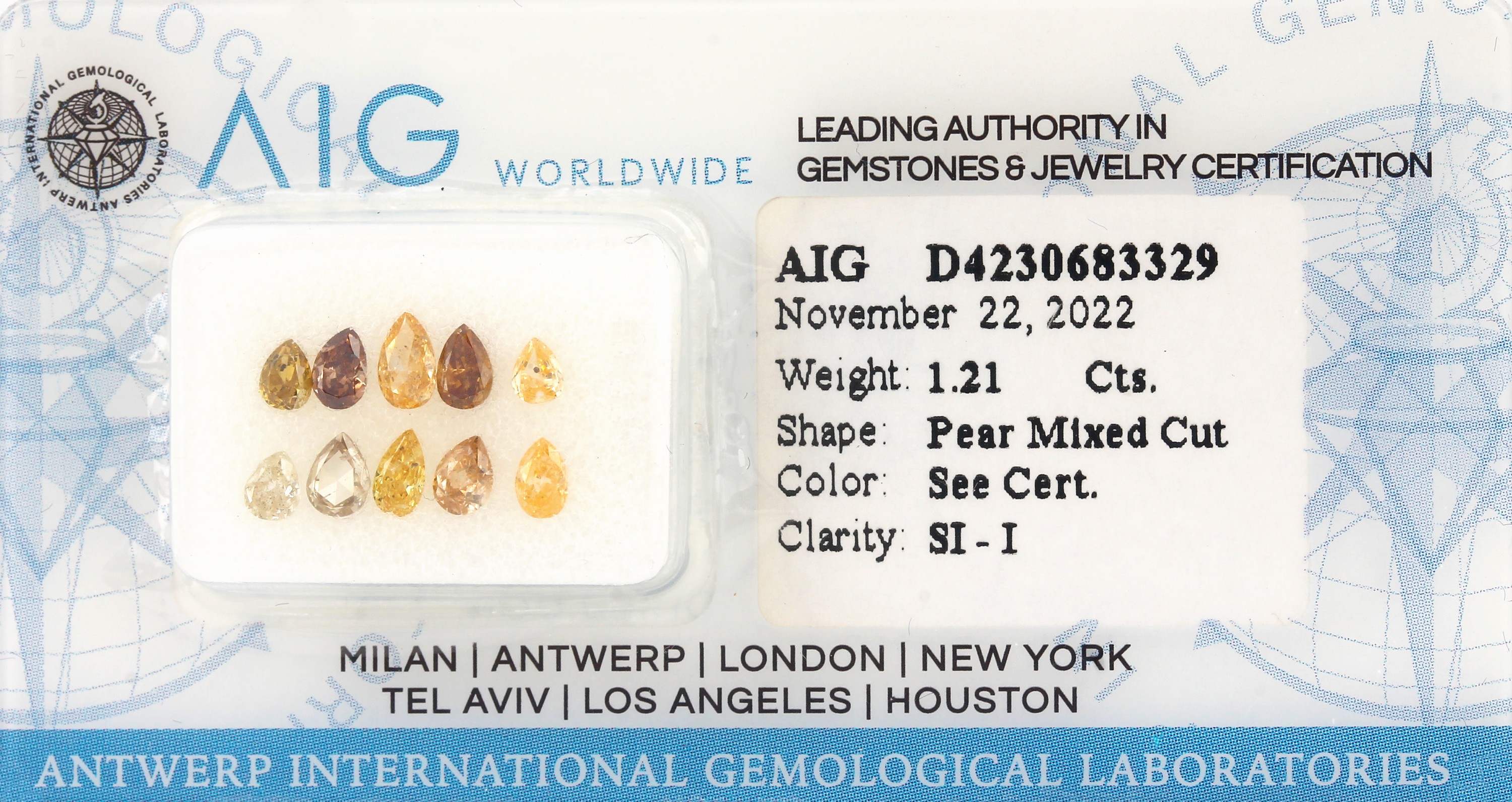 Lot lose Diamanten 1.21 ct, tropfenförmig facett. Natural Fancy Mix Yellow-Brown/si-p, mit AIG Expertise