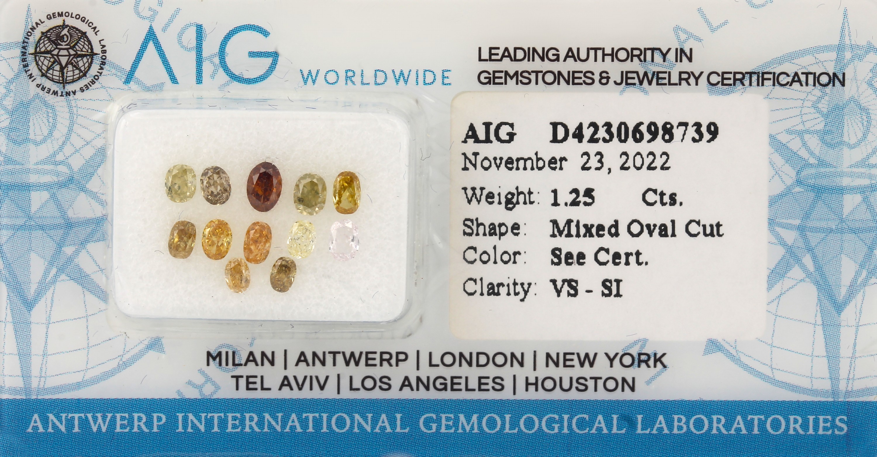 Lot lose Diamanten, 1.25 ct, Natural Fancy Mix Yellow-Brown/vs-si, ovalfacett., in verschiedenen Größen, mit AIG-Expertise