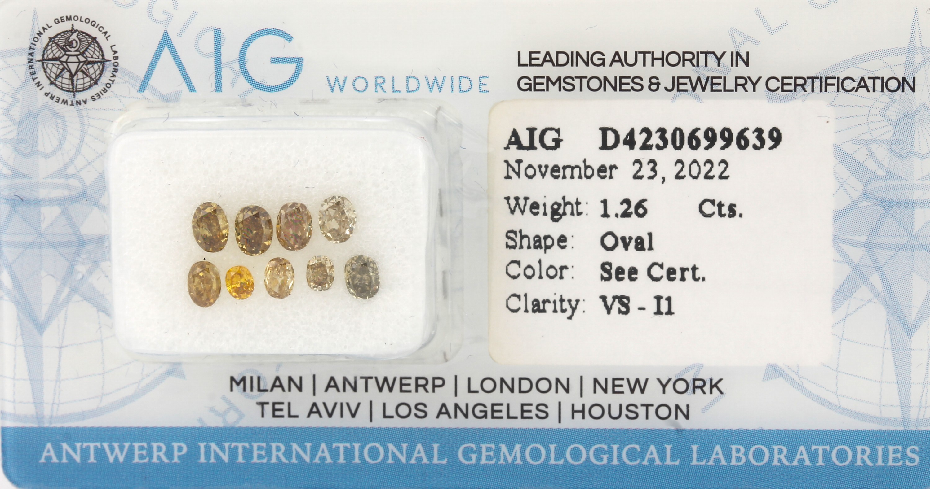Lot lose Diamanten, ovalfacett. ca. 1.26 ct, Mix Yellow-Green/vs-p1, mit AIG Expertise