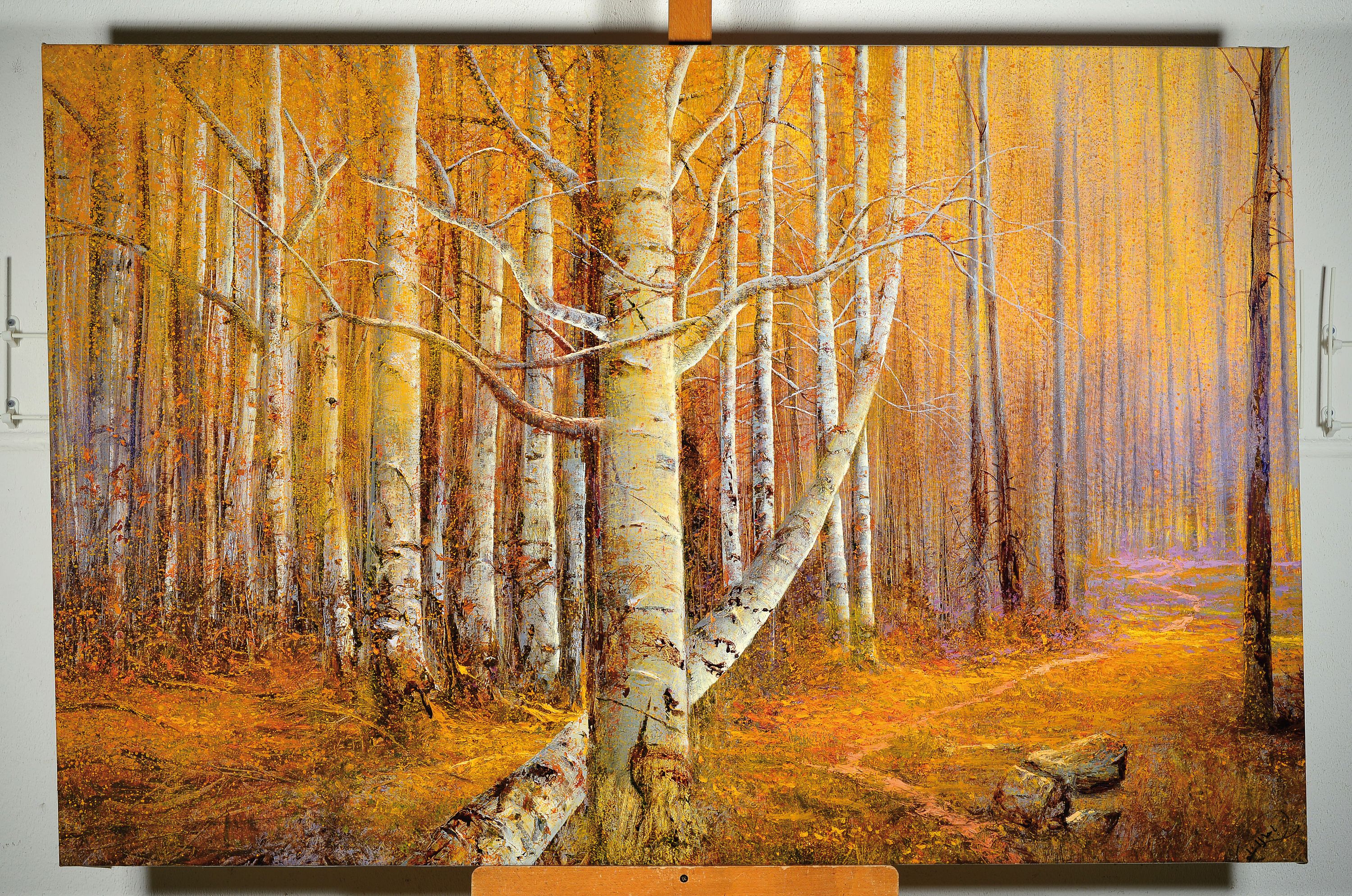 Bajalanlou, zeitgenössischer iranischer Künstler, herbstliche Waldlandschaft, Birkenwald, Öl/Lwd, rechts unten signiert, 96x144 cm, ungerahmt