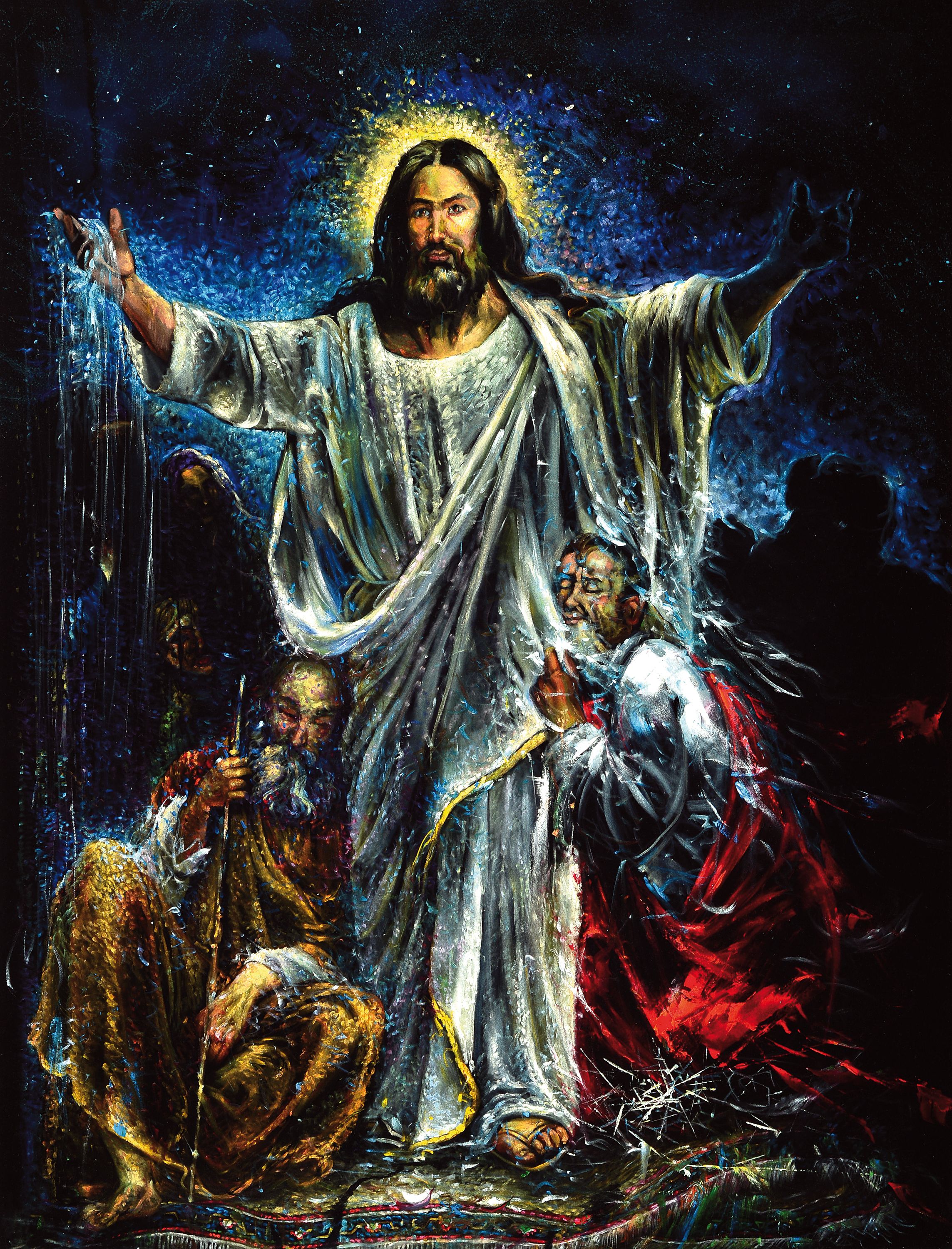 Bajalanlou, zeitgenössischer iranischer Künstler, Christus mit den Aposteln, Öl auf schwarzem Samt, signiert, 145x109 cm, ungerahmt