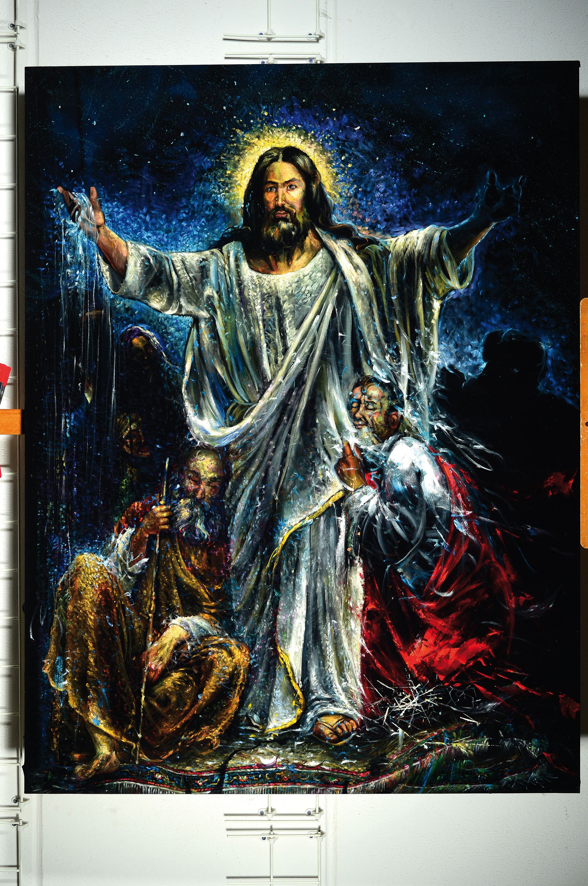 Detail k: Bajalanlou, zeitgenössischer iranischer Künstler, Christus mit den Aposteln, Öl auf schwarzem Samt, signiert, 145x109 cm, ungerahmt