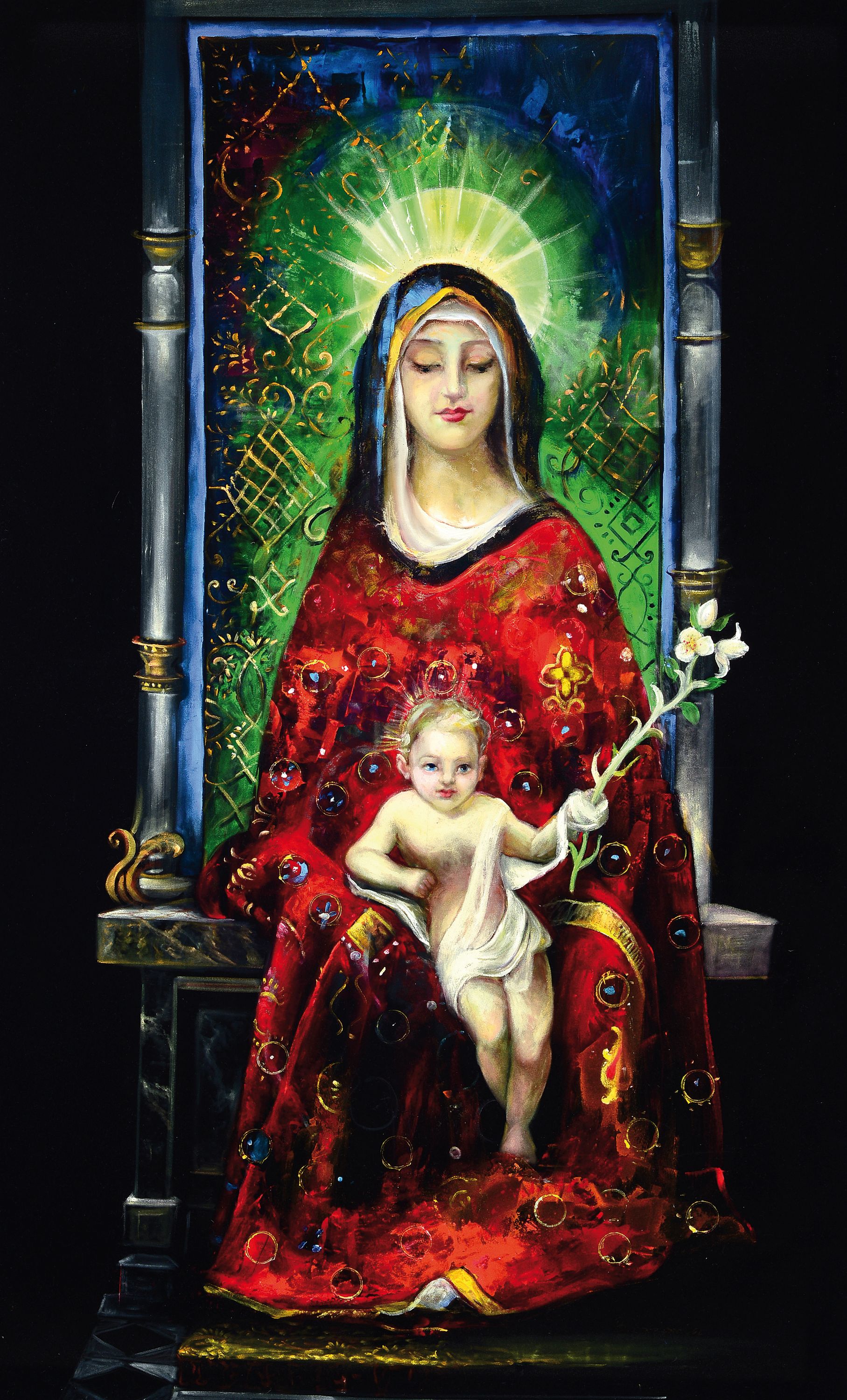 Bajalanlou, Zeitgenössischer iranischer Künstler, Muttergottes, Öl auf schwarzem Samt, rechts unten signiert, 146x90 cm, ungerahmt