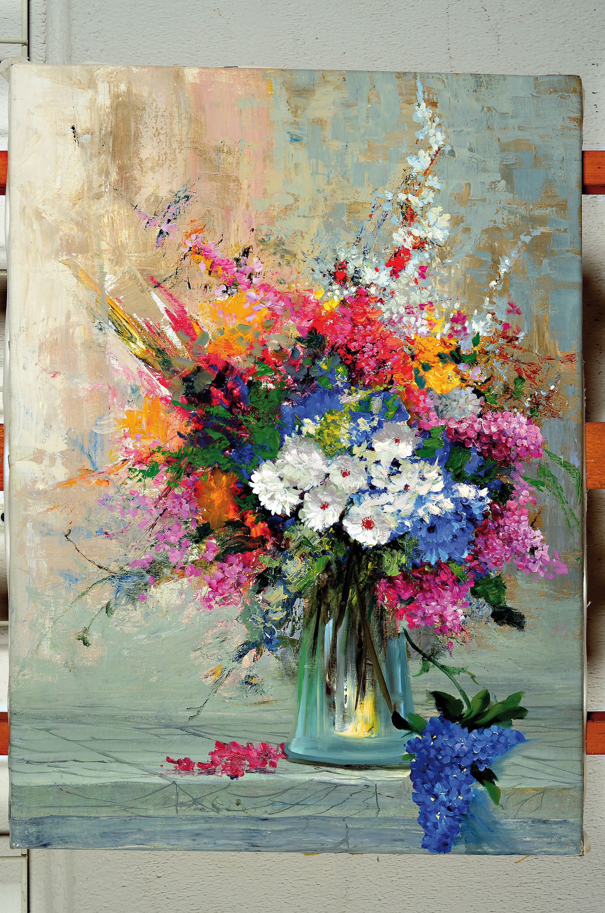 Detail a: Bajalanlou, zeitgenössischer iranischer Künstler, Paar Blumenstillleben, Öl/Lwd, ungerahmt, 58x39/60x43 cm