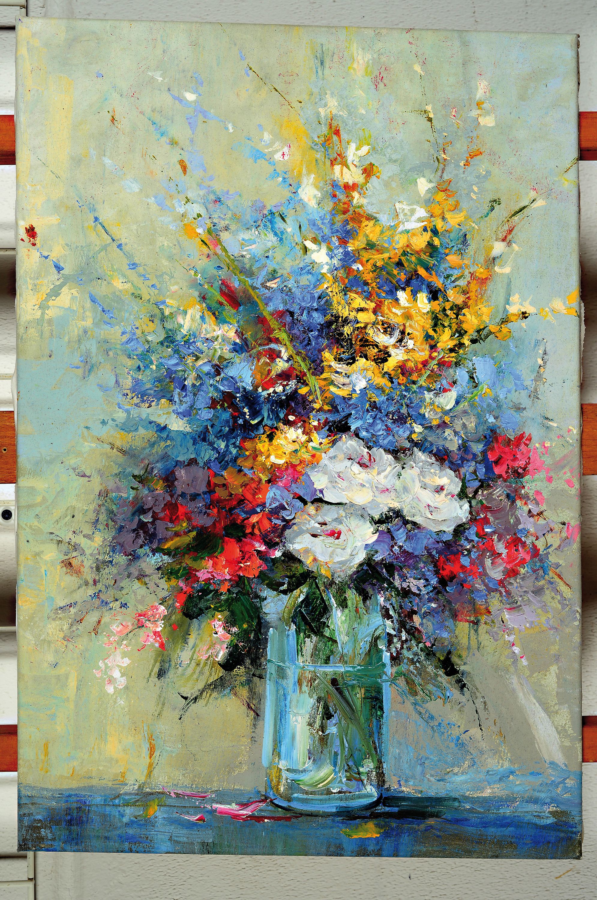 Detail k: Bajalanlou, zeitgenössischer iranischer Künstler, Paar Blumenstillleben, Öl/Lwd, ungerahmt, 58x39/60x43 cm