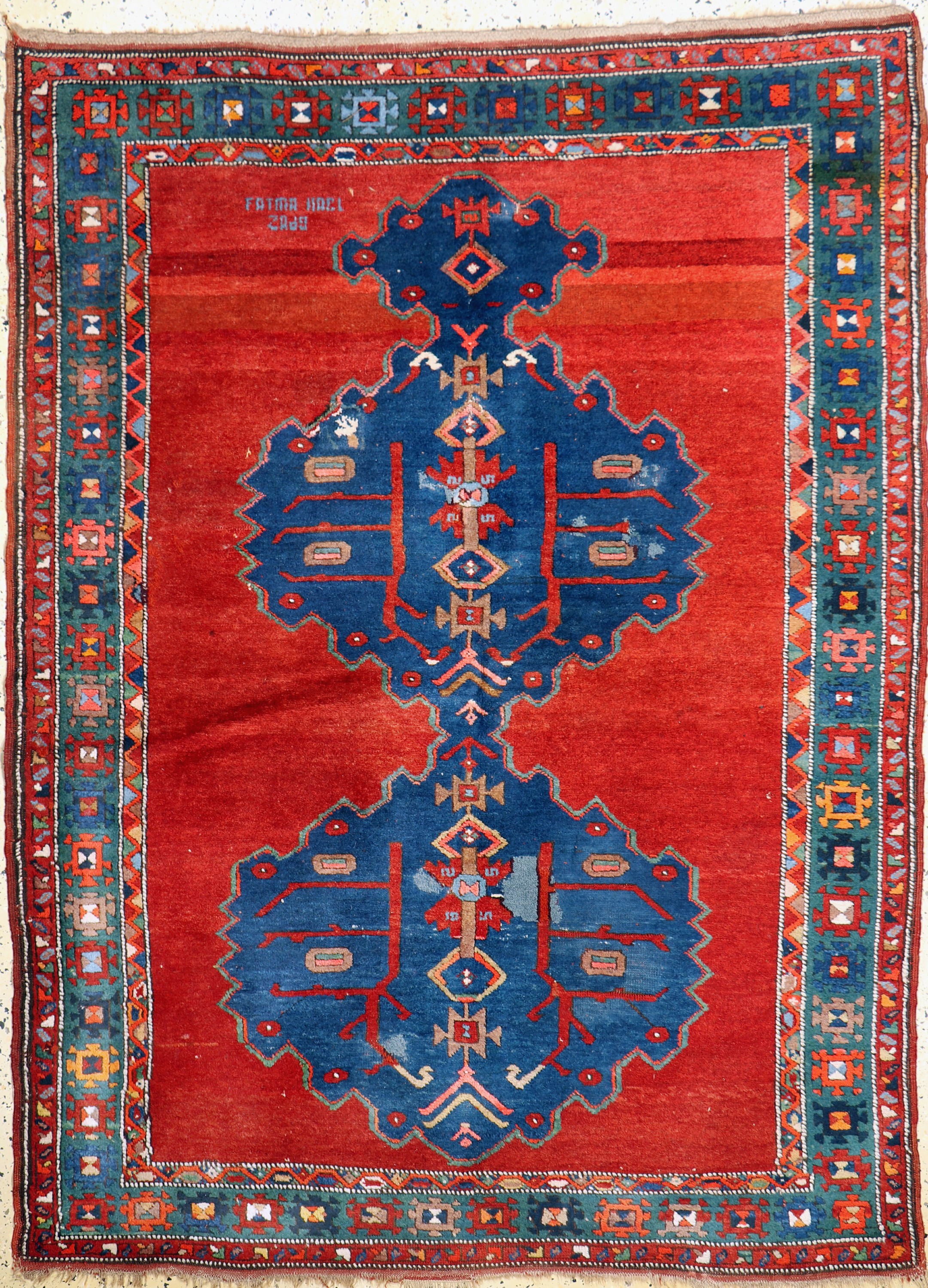 Armenischer Kazak antik, signiert, Kaukasus, um 1900, Wolle auf Wolle, ca. 204 x 150 cm, EHZ: 2-3, (Alte Restaurierungen)